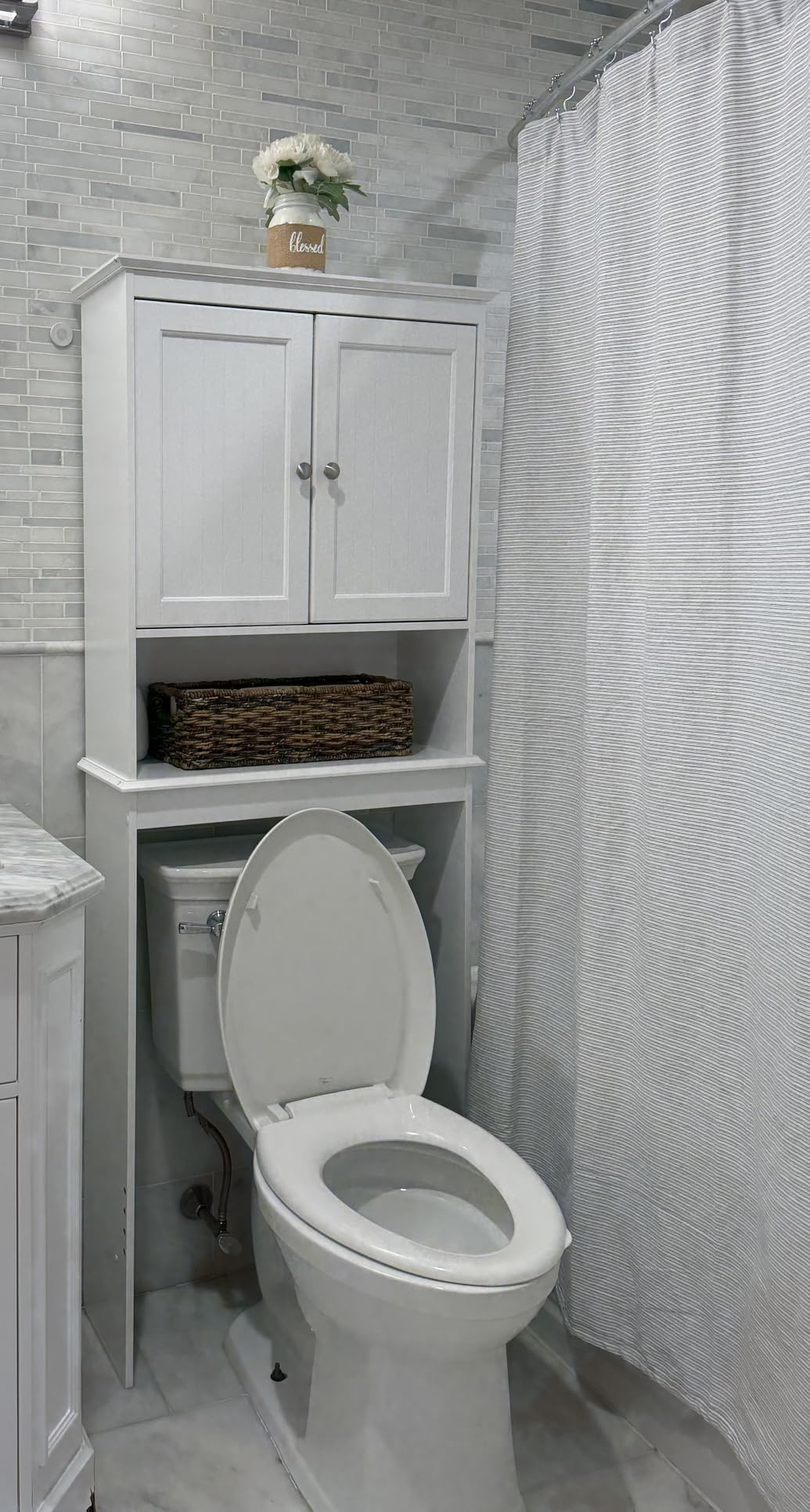 Spirich Over The Toilet Storage Cabinet with Doors, Bathroom Organizer, White, Adjustable Shelf, Anti-Tip Fitting, FSC-Certified MDF, Beadboard Design, 33.3