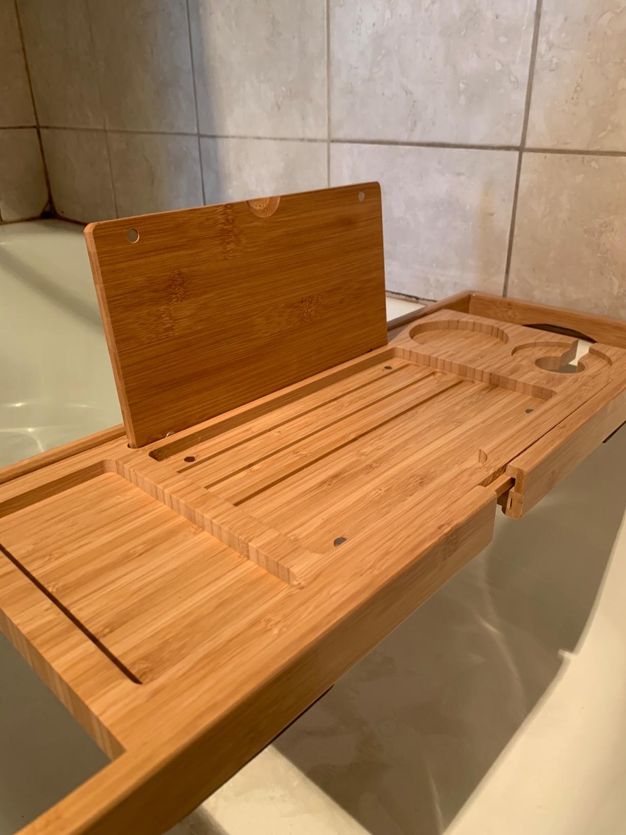 Utoplike Bamboo Bathtub Caddy Tray Bath Tray for Tub, Adjustable Bathroom Bathtub Organizer with Book Tablet Wine Glass Cup Towel Holder (24.5