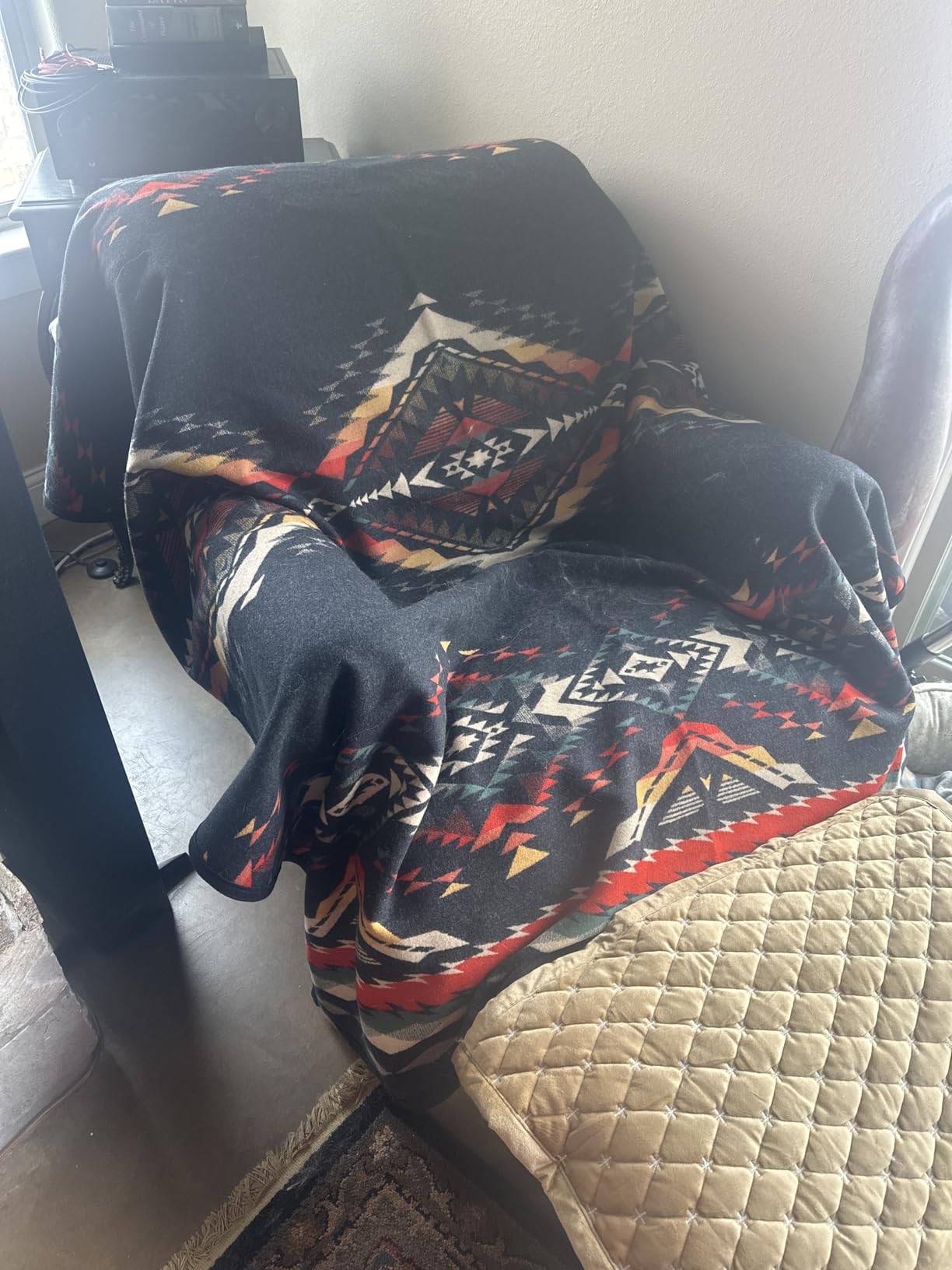 Jacquard Unnapped Blanket, Wool Cotton Blend, Reversible, 64 x 80 | Ultrasuede Binding, Packable, Fire Legend Sunset customer photo 1
