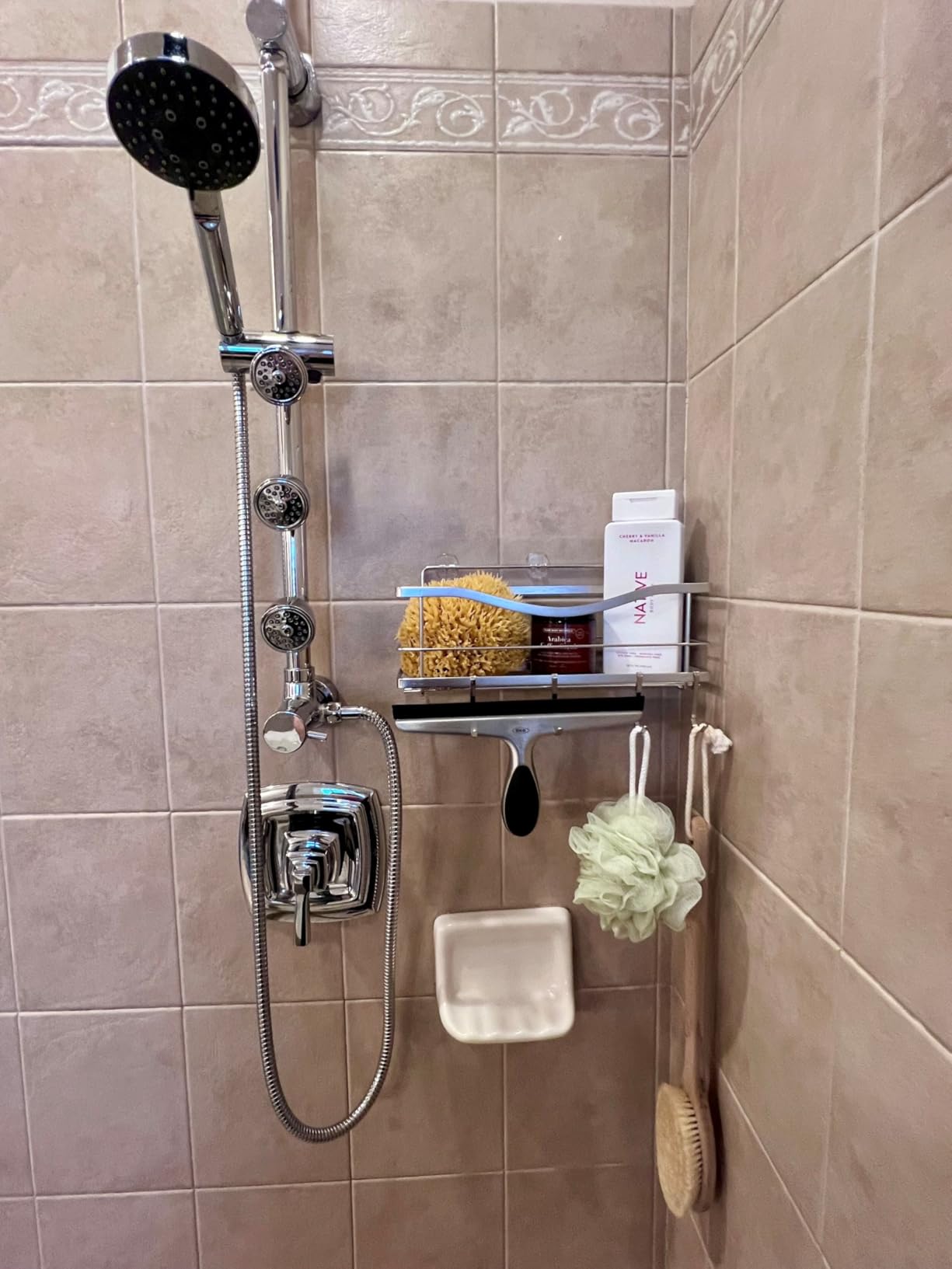 Premium Shower Caddy - Self Adhesive Shower Organizer with 4 Hooks, Rustproof Stainless Steel Shower Rack for Bathroom, Silver customer photo 2