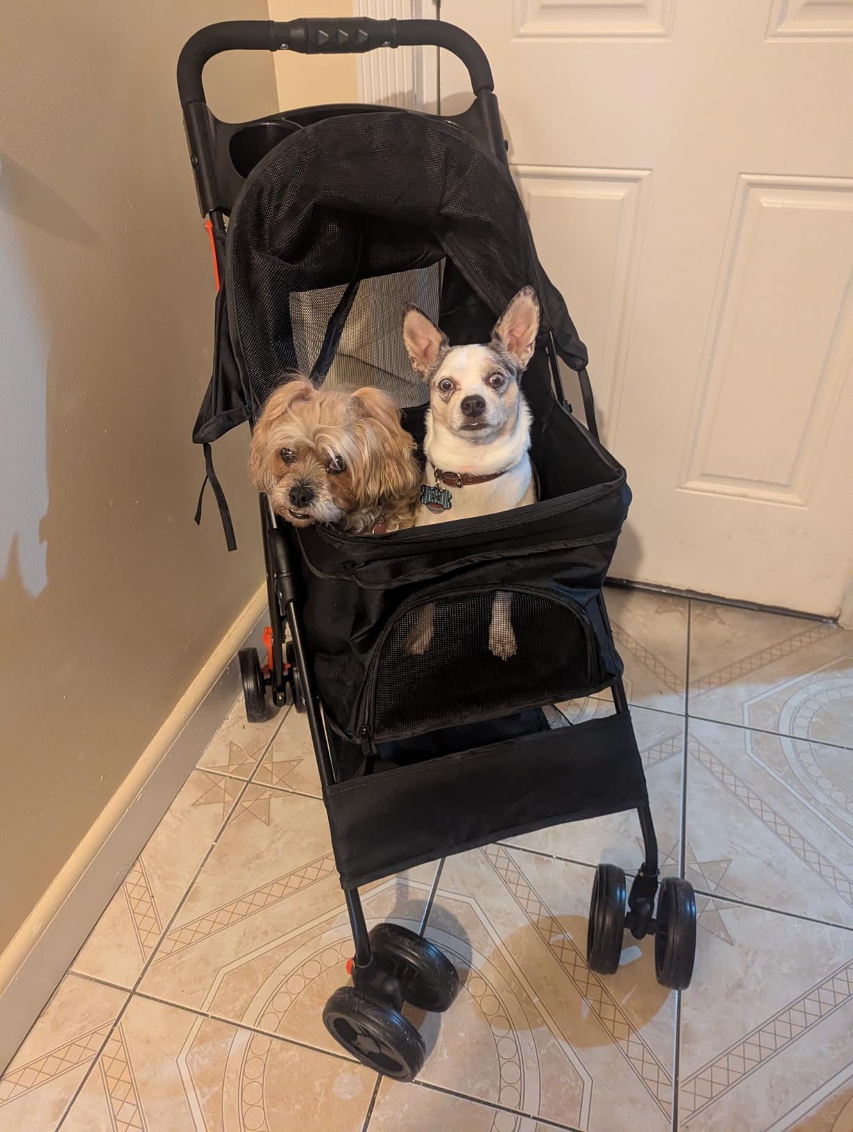 4 Wheels Pet Stroller Dog Cat Stroller for Small Medium Dog Cats Foldable Carrier Jogger Travel Puppy with Storage Basket and Cup Holder (Black) customer photo 2