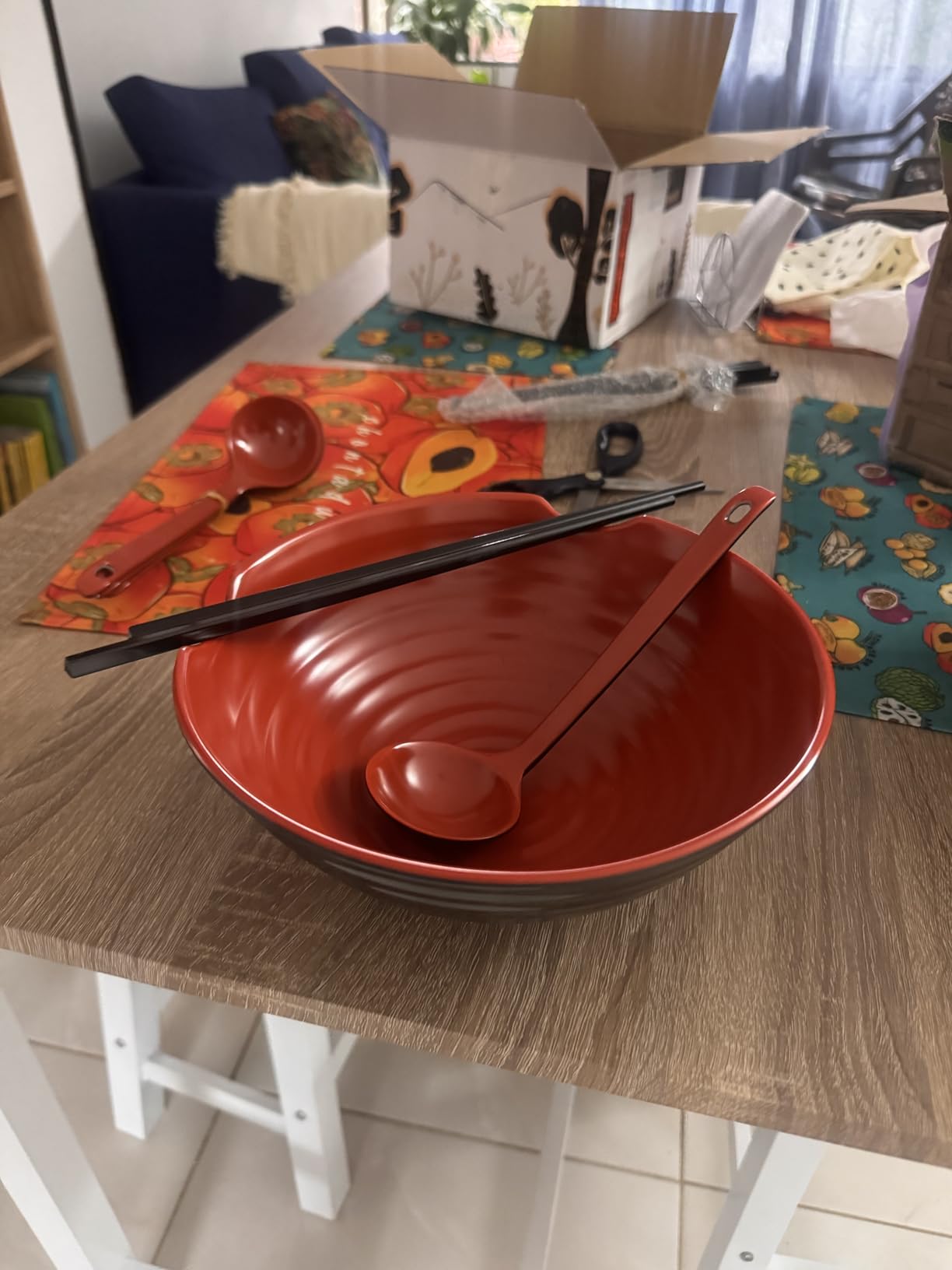 4 XL Ramen bowl set. 12 Pieces Pho Bowls. Asian Japanese soup. Utensil: Spoons and Chopsticks kit. Melamine, Large 52 oz. Noodles, Rice, Udon, Thai, Chinese, Korean, Udon, Wonton, Miso, 9 inch customer photo 1