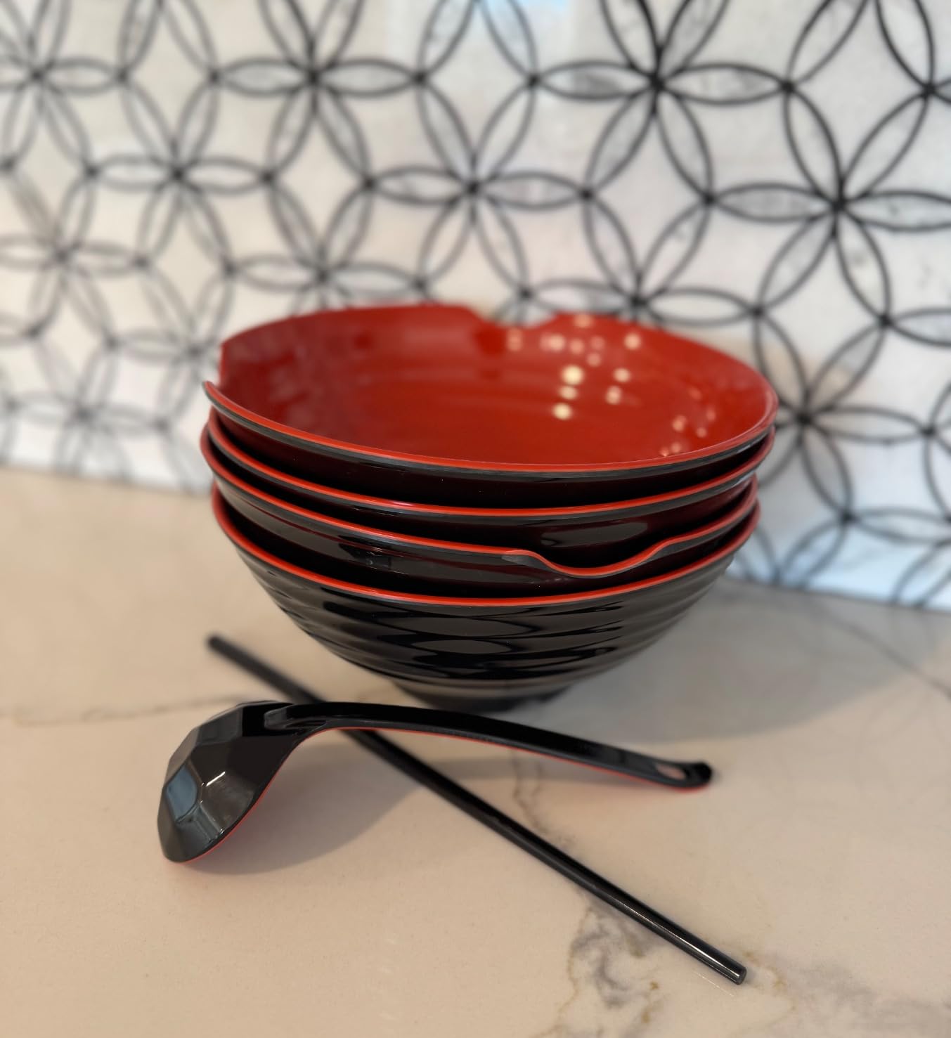 4 XL Ramen bowl set. 12 Pieces Pho Bowls. Asian Japanese soup. Utensil: Spoons and Chopsticks kit. Melamine, Large 52 oz. Noodles, Rice, Udon, Thai, Chinese, Korean, Udon, Wonton, Miso, 9 inch customer photo 2