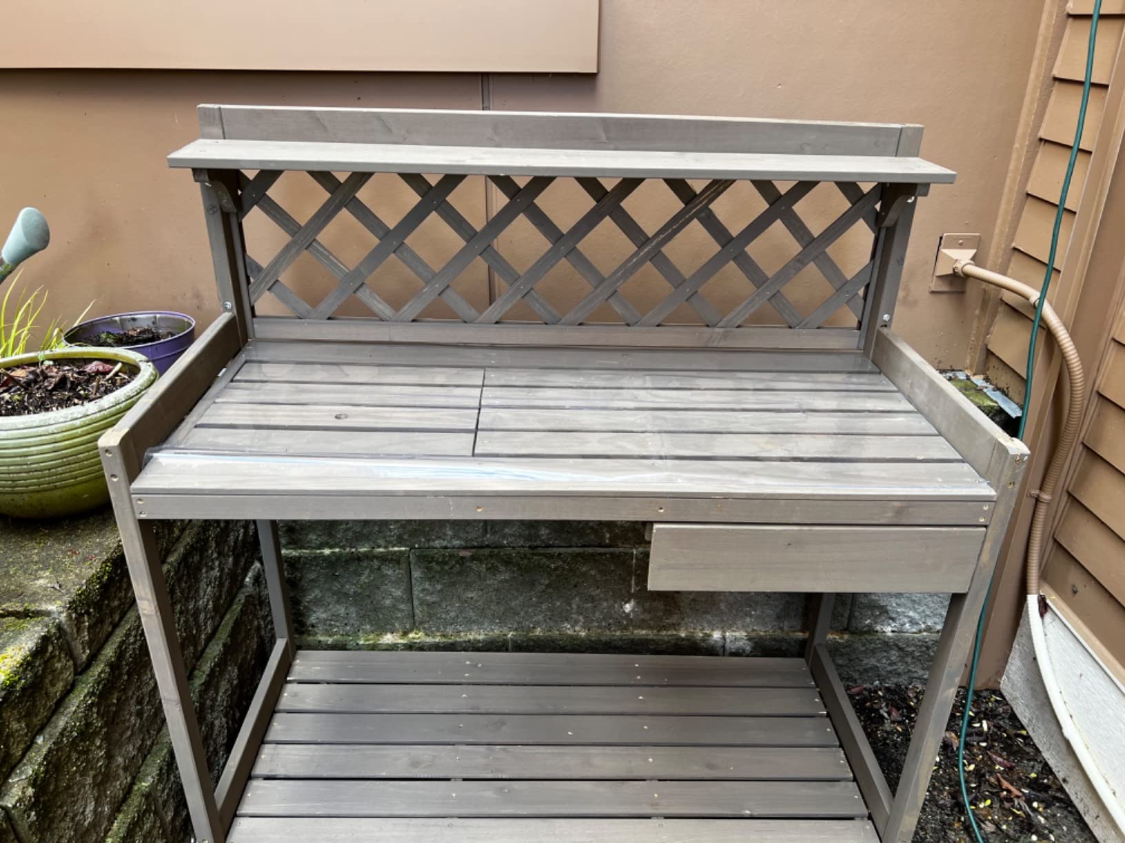 Aivituvin Potting Bench with PVC Layer, Outdoor Gardening Work Bench with Sink & Lid, Wooden Planting Table for Outside with Storage, Drawer, Shelf, Hook customer photo 1