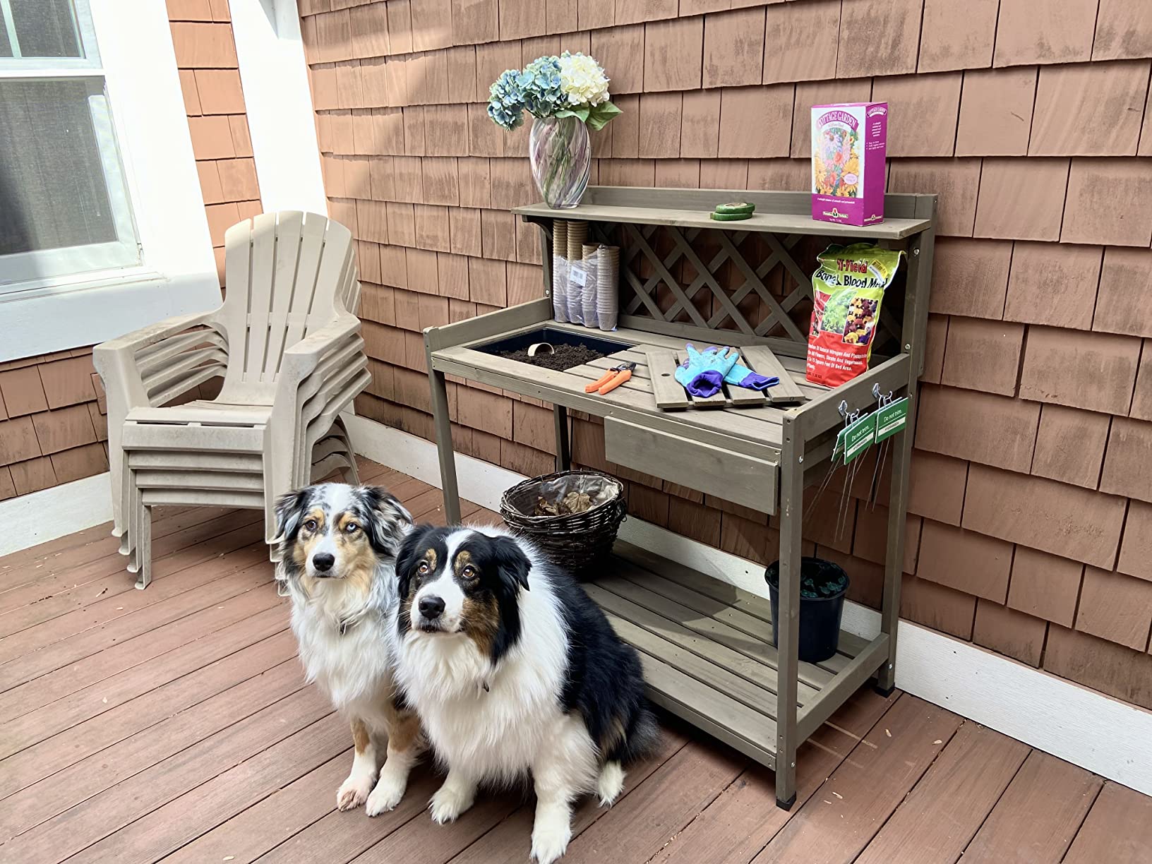 Aivituvin Potting Bench with PVC Layer, Outdoor Gardening Work Bench with Sink & Lid, Wooden Planting Table for Outside with Storage, Drawer, Shelf, Hook customer photo 2