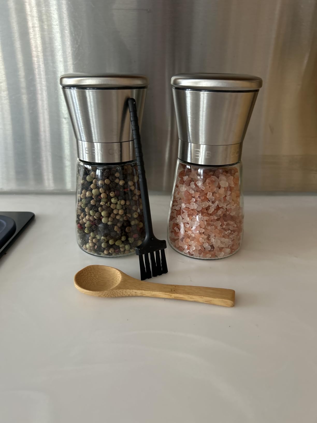 Manual Salt and Pepper Grinder Set of 2, 5 oz Refillable Ceramic Mills | Stainless Steel Grinders, Five Coarseness Levels for Peppercorns, Herbs and Spices, No Batteries, With Wooden Spoon and Brush customer photo 1