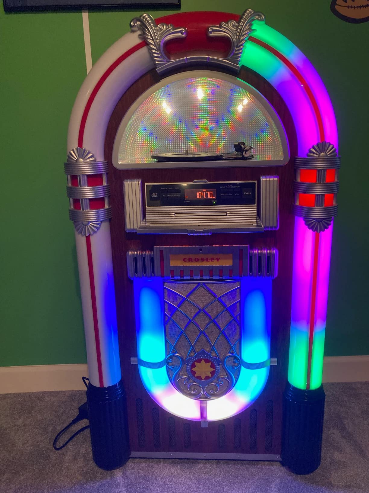 Crosley CR1215A-WA Full Size Digital Jukebox, Walnut | Color Changing LED Lights | Bluetooth In, CD Player, AM/FM Radio customer photo 2