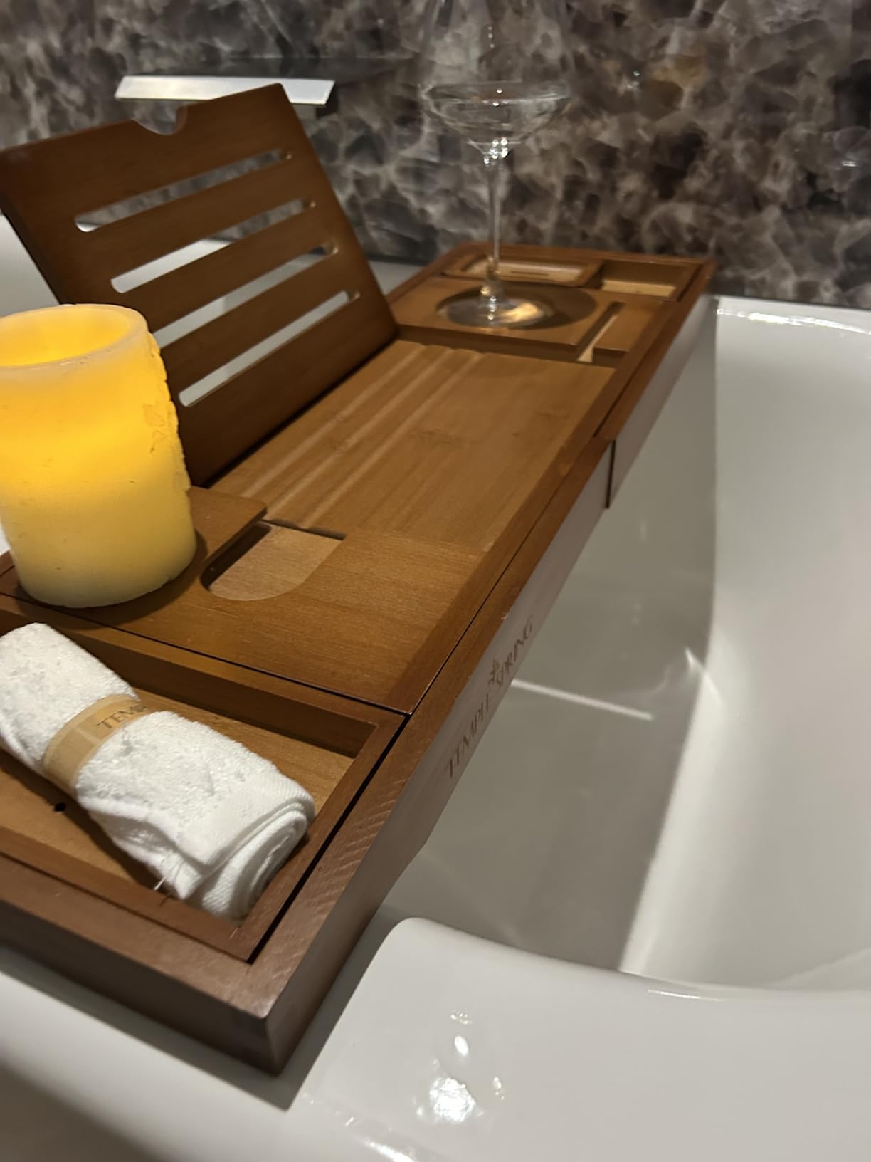 Temple Spring Bamboo Bathtub Tray Caddy for Tub - Expandable Wood Bath Tray with Solid Book Stand Wine Holder and Non-Slip Pads - Includes Bamboo Soap Dish and Spa Accessories - Luxury Bath Gift Set customer photo 1