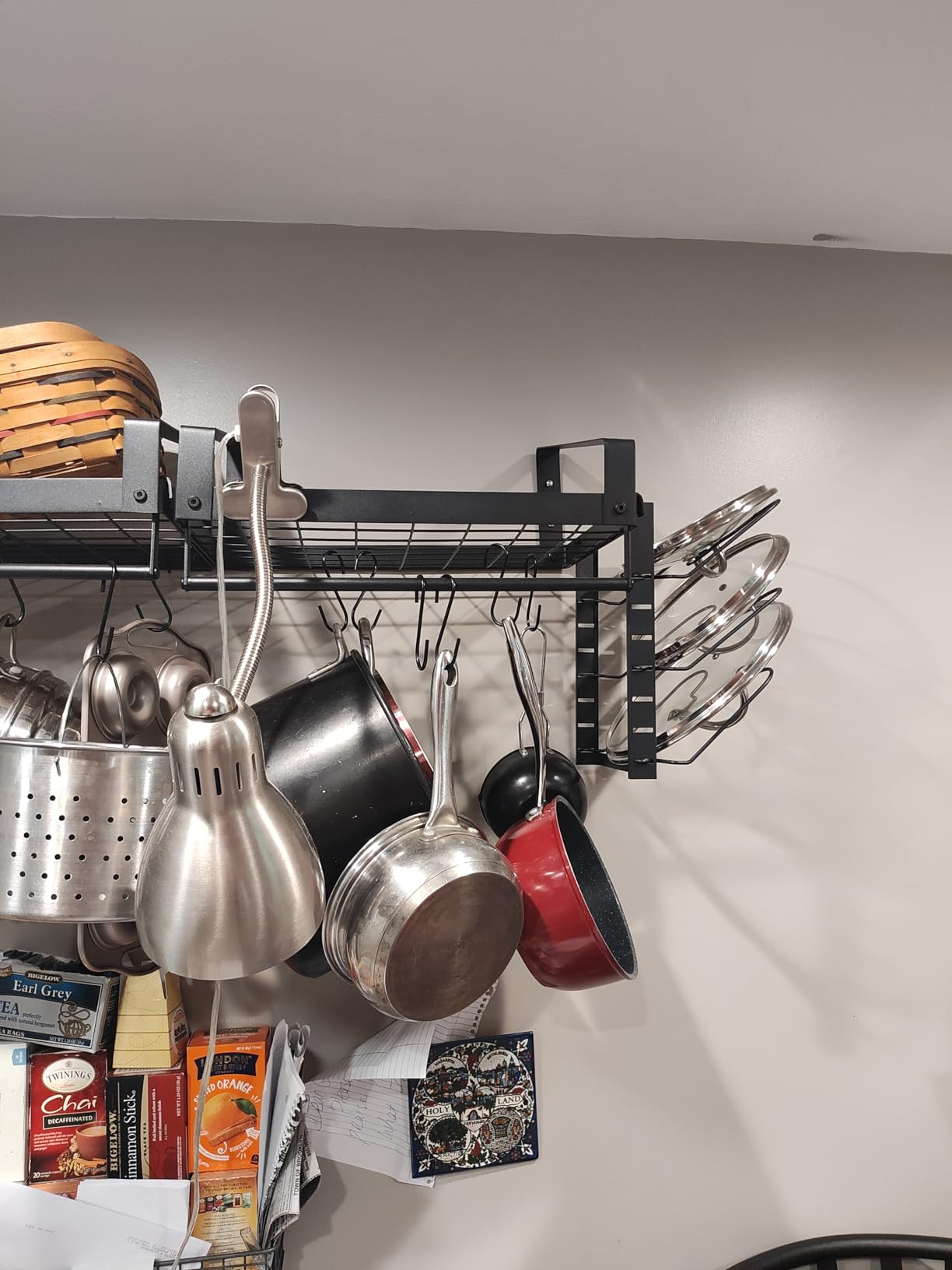 X-cosrack Pot Racks Wall Mounted Set of 2, with Towel Bar and Pots Pans Lids Organizer, Kitchen Cookware Hanging Shelves with 12 Hooks, Black customer photo 1