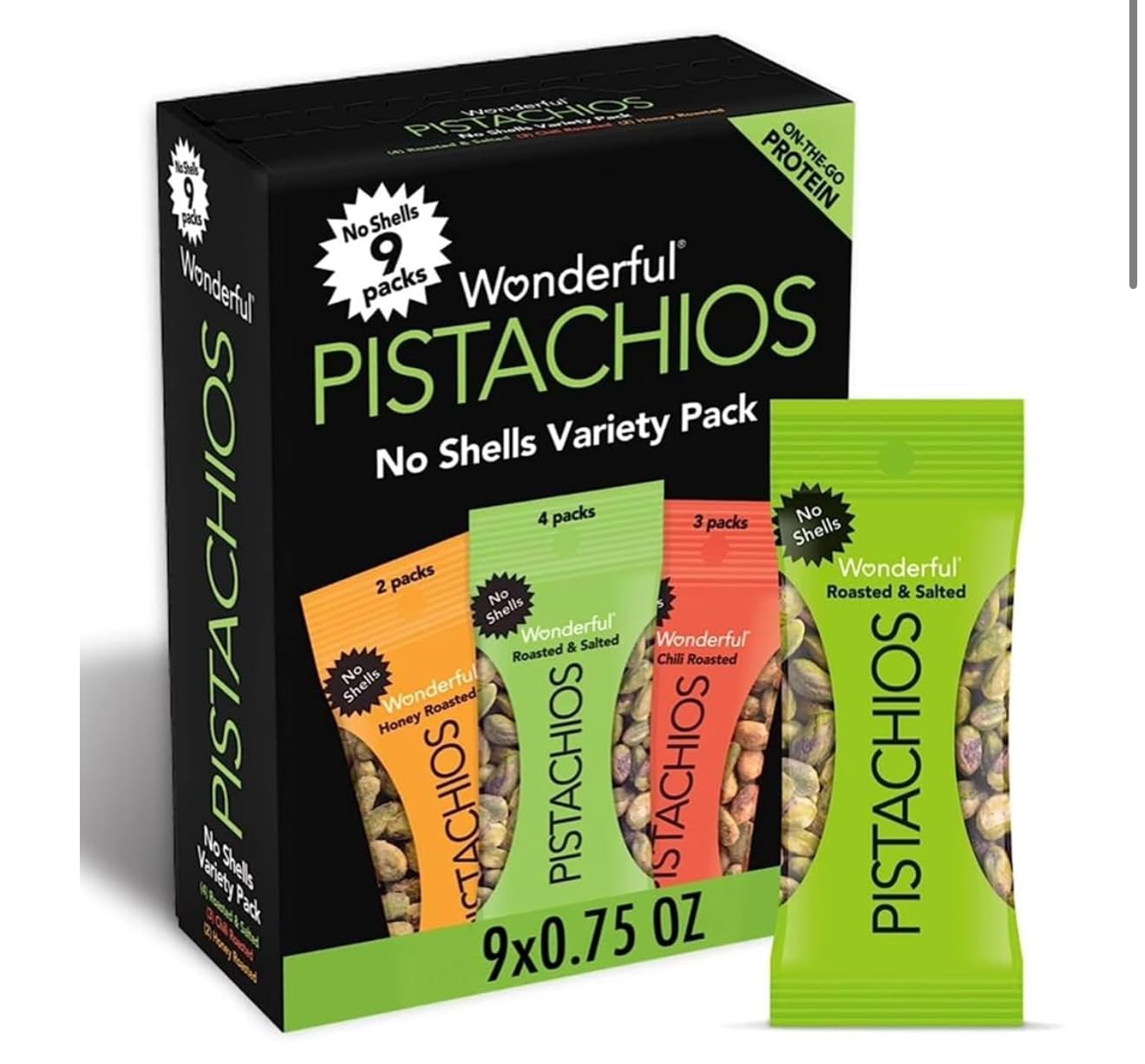 Wonderful Pistachios No Shells, 3 Flavors Mixed Variety Pack of 9 (0.75 Ounce), Roasted & Salted Nuts (4), Chili (3), Honey (2), Protein Snacks, Gluten Free, Healthy Snacks Variety Pack for Adults customer photo 1