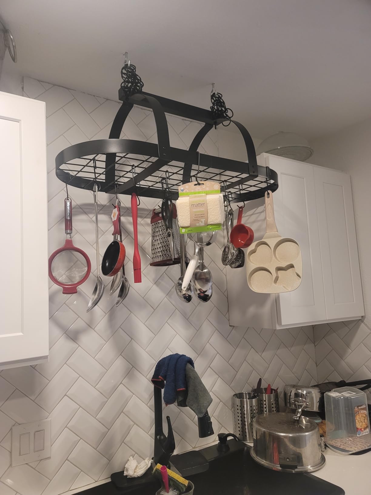 KES Ceiling Pot Rack 34-Inch Hanging Pot Rack for Kitchen Oval Pot and Pan Rack Matte Black Pot Hanger with 20 S Hooks (For 16