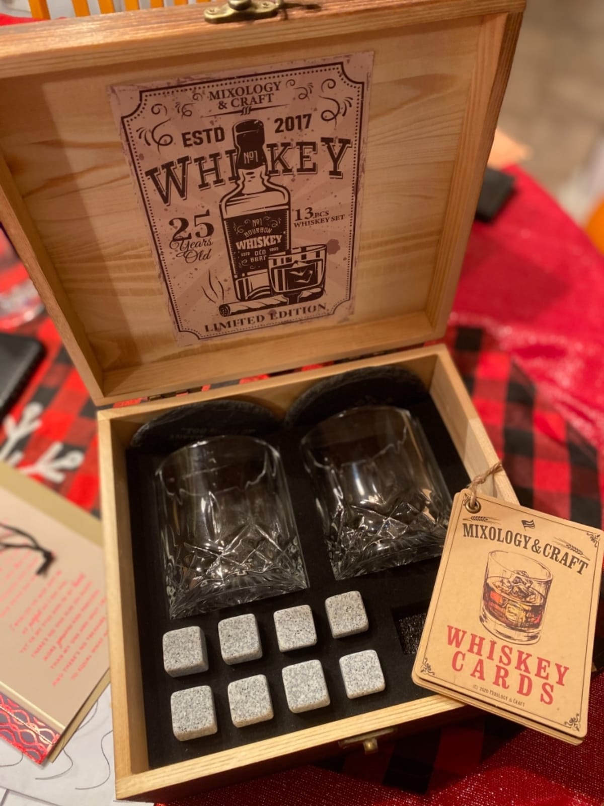 Mixology & Craft Whiskey Stones Gift Set: with Two 10oz Lead-Free Crystal Whiskey Glasses, 8 Whiskey Stones with Velvet Bag, 2 Slate Coasters & Recipe Cards in Wooden Crate | Great customer photo 1