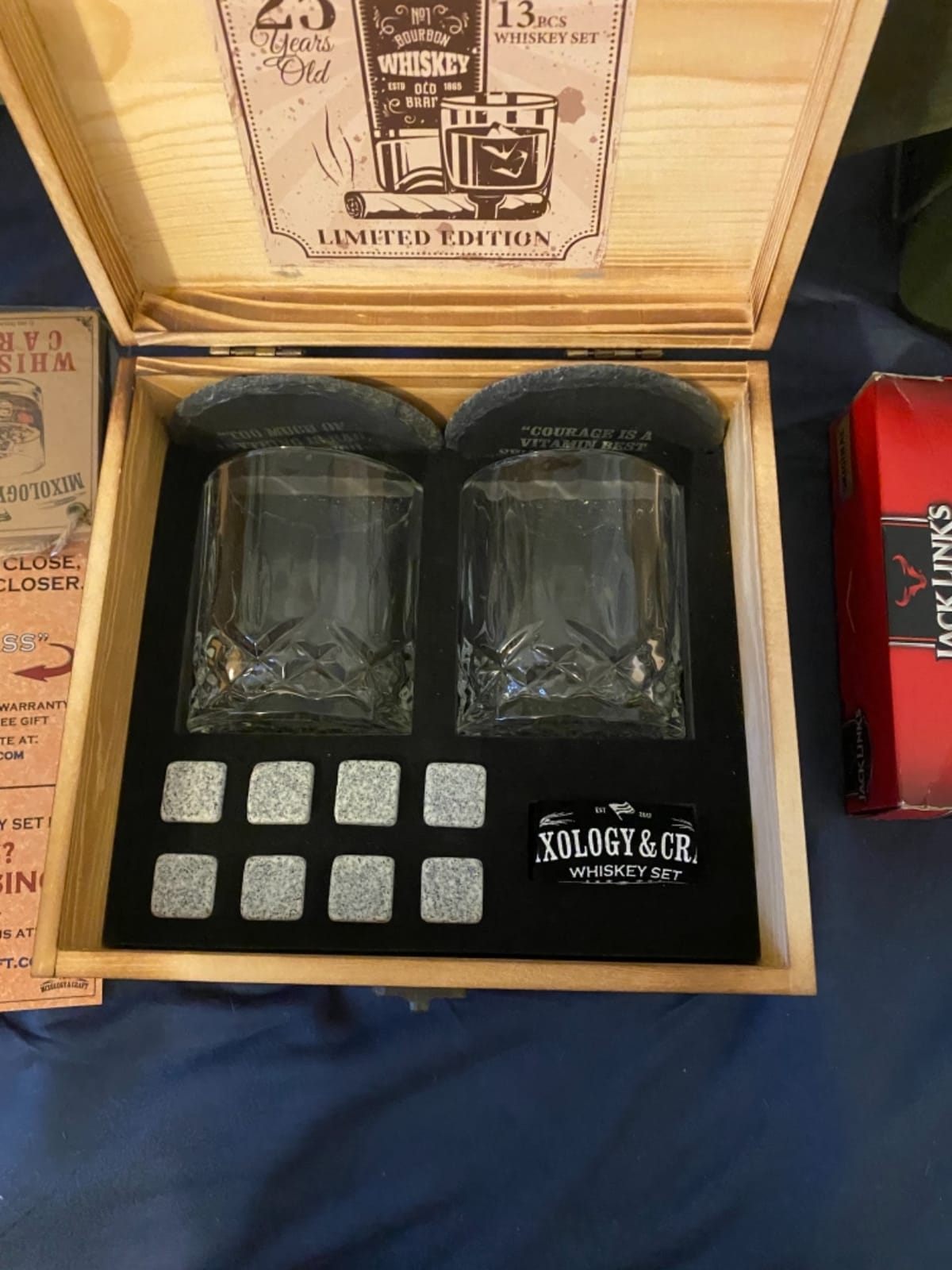 Mixology & Craft Whiskey Stones Gift Set: with Two 10oz Lead-Free Crystal Whiskey Glasses, 8 Whiskey Stones with Velvet Bag, 2 Slate Coasters & Recipe Cards in Wooden Crate | Great customer photo 2