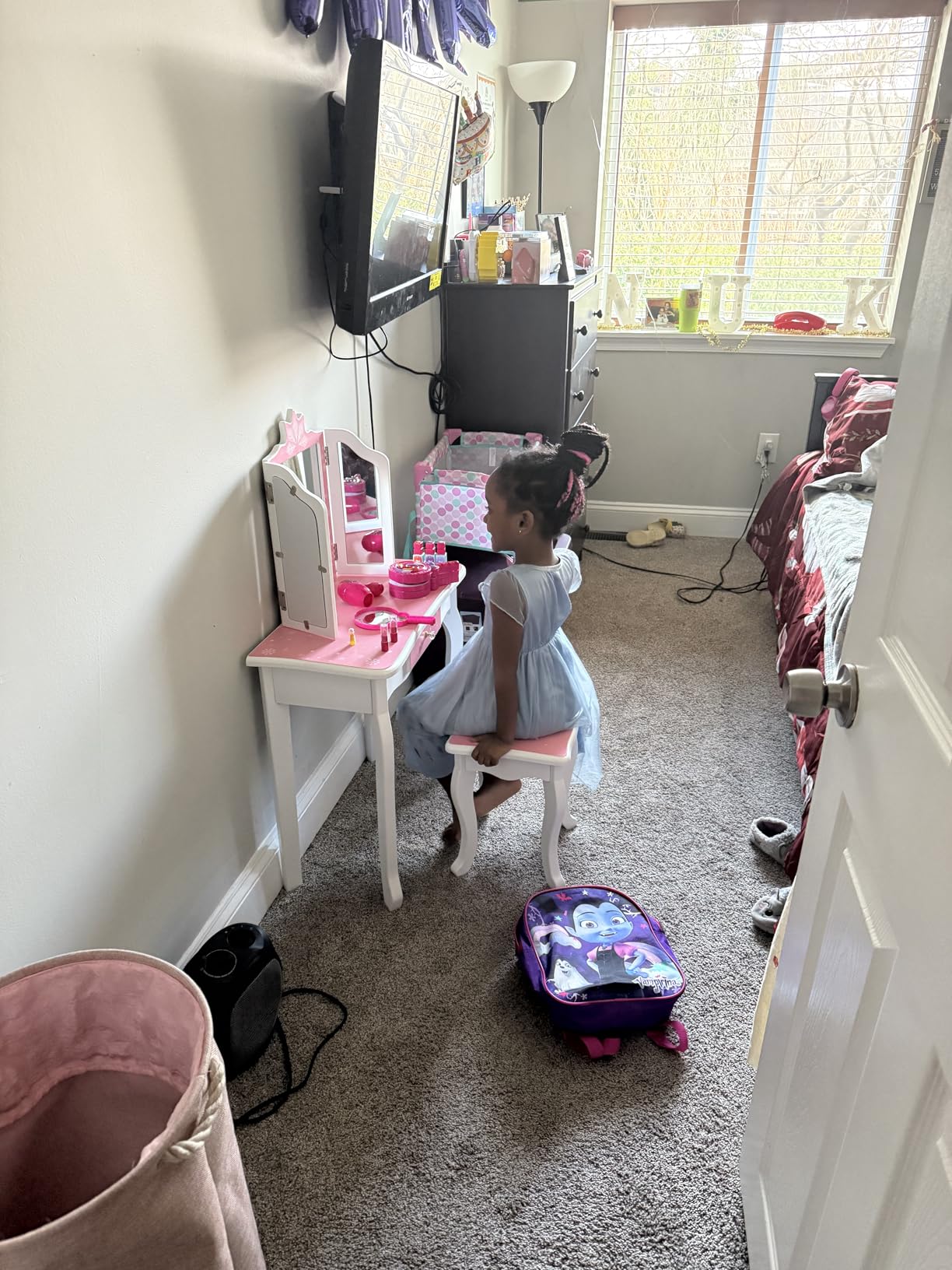 JOYMOR Kids Vanity Set, Wooden Princess Makeup Table with Stool, Tri-Folding Mirror, Large Drawer, Solid Wooden Legs, Beauty Make Up Dressing Set for Girls Best Gift (Pink) customer photo 1