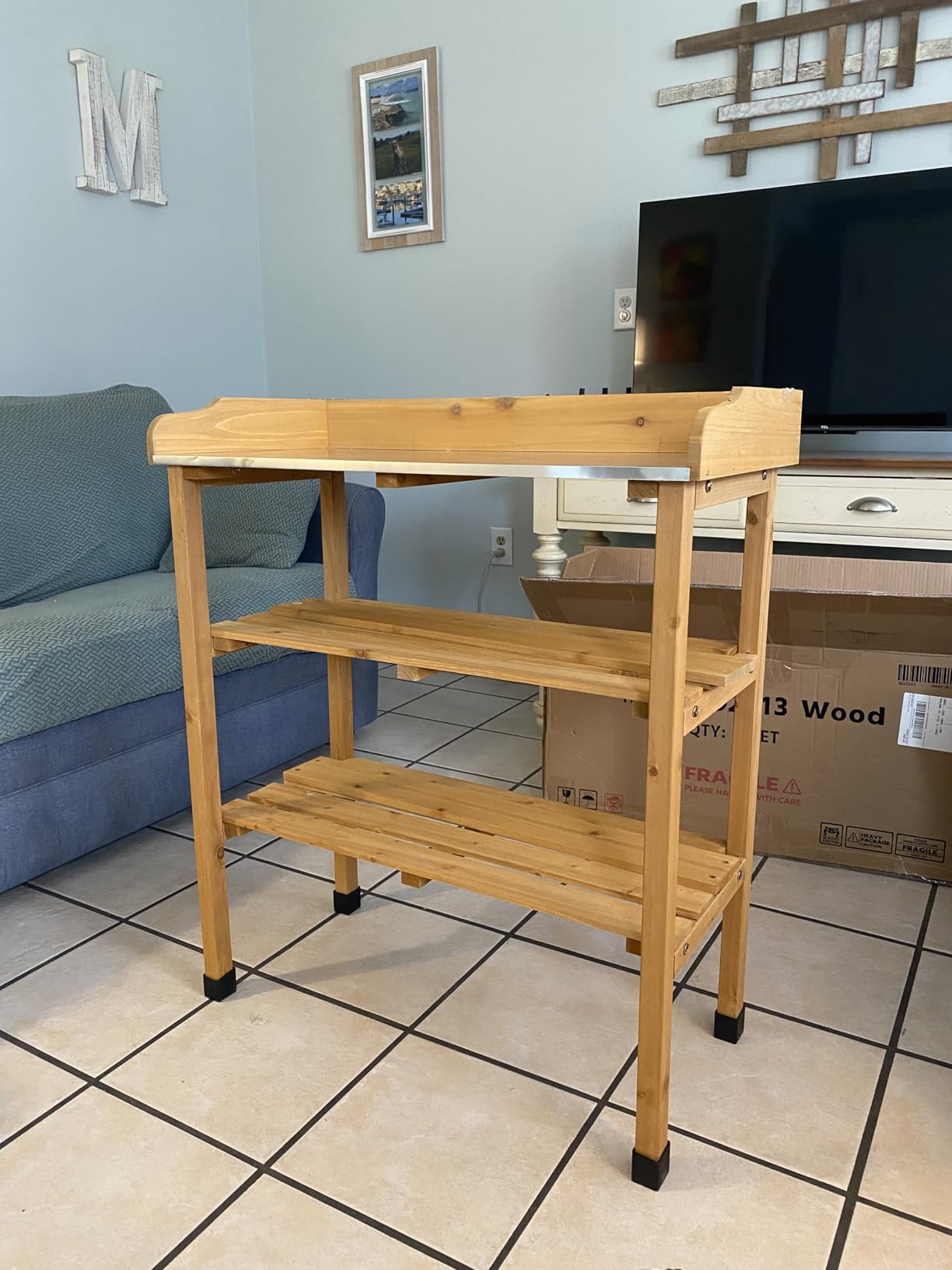 Yaheetech Potting Bench Outdoor Console Table w/3-Tier Storage,Natural Wood | Metal Tabletop, 3-Tier Storage Shelves with Hooks, Outdoor Gardening Table for Planting, Potting and Organizing Garden Tools. customer photo 1