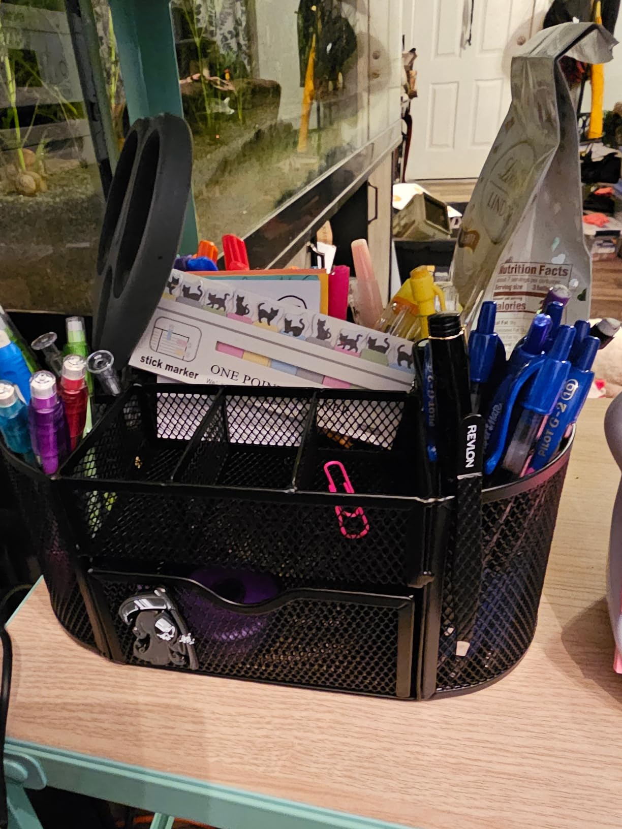 Amazon Basics Mesh Desk Organizer with Pen Holder, Pullout Drawer and Office Caddy Storage, 9.25