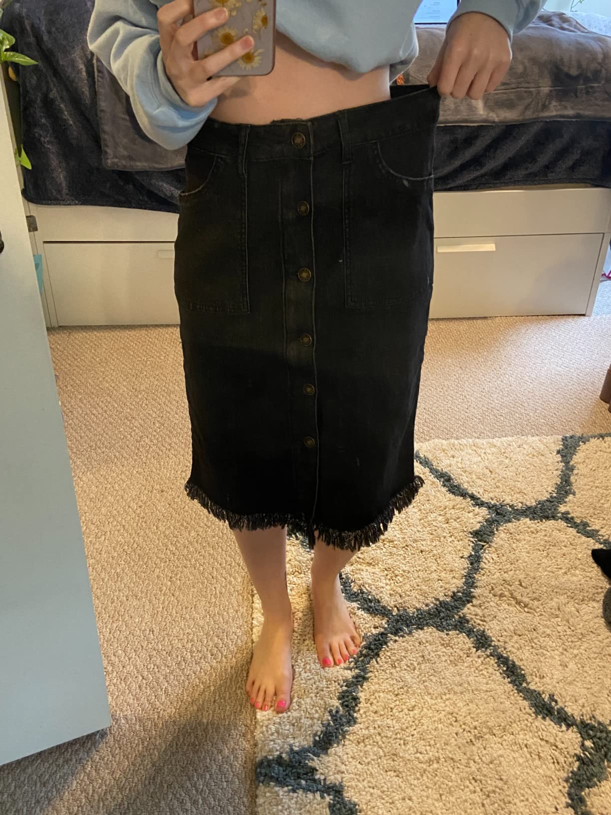 luvamia Women's Casual Mid Rise Button Down Frayed Raw Hem Denim Jean Midi Skirt customer photo 2