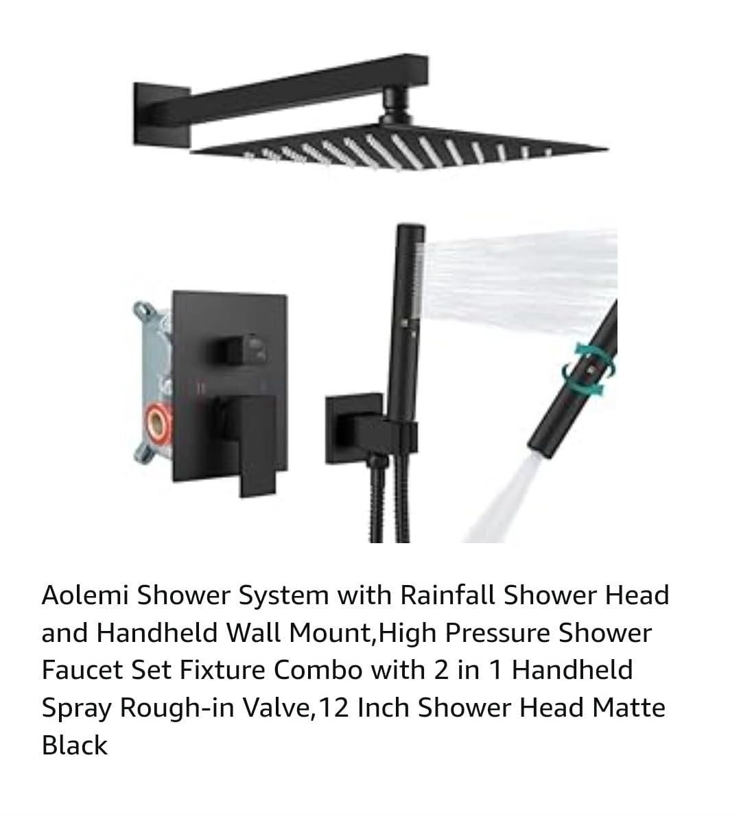Aolemi Shower System with Rain Head and Handheld, 12-Inch, Matte Black | High-Pressure Shower Faucet Set with Dual-Function Handheld, Rough-In Valve, 1.8 GPM, Wall-Mount Trim Kit customer photo 2