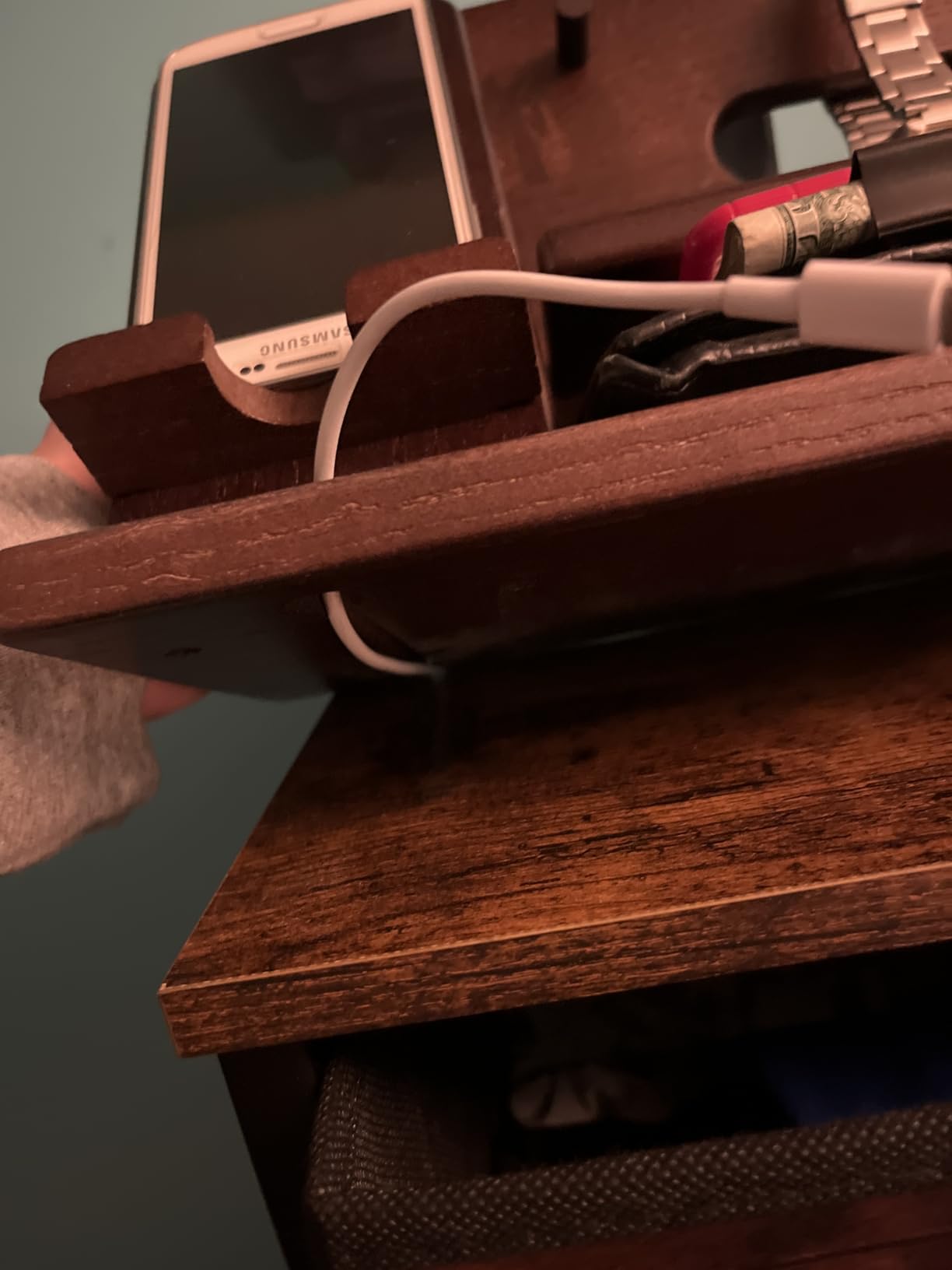 TESLYAR Wood Phone Docking Station for Men - Desk or Nightstand Organizer - Birthday Gifts for Husband, Dad - Anniversary Idea from Wife - Key Holder, Stand Wallet, Watch & Essentials (Bourbon Brown) customer photo 2