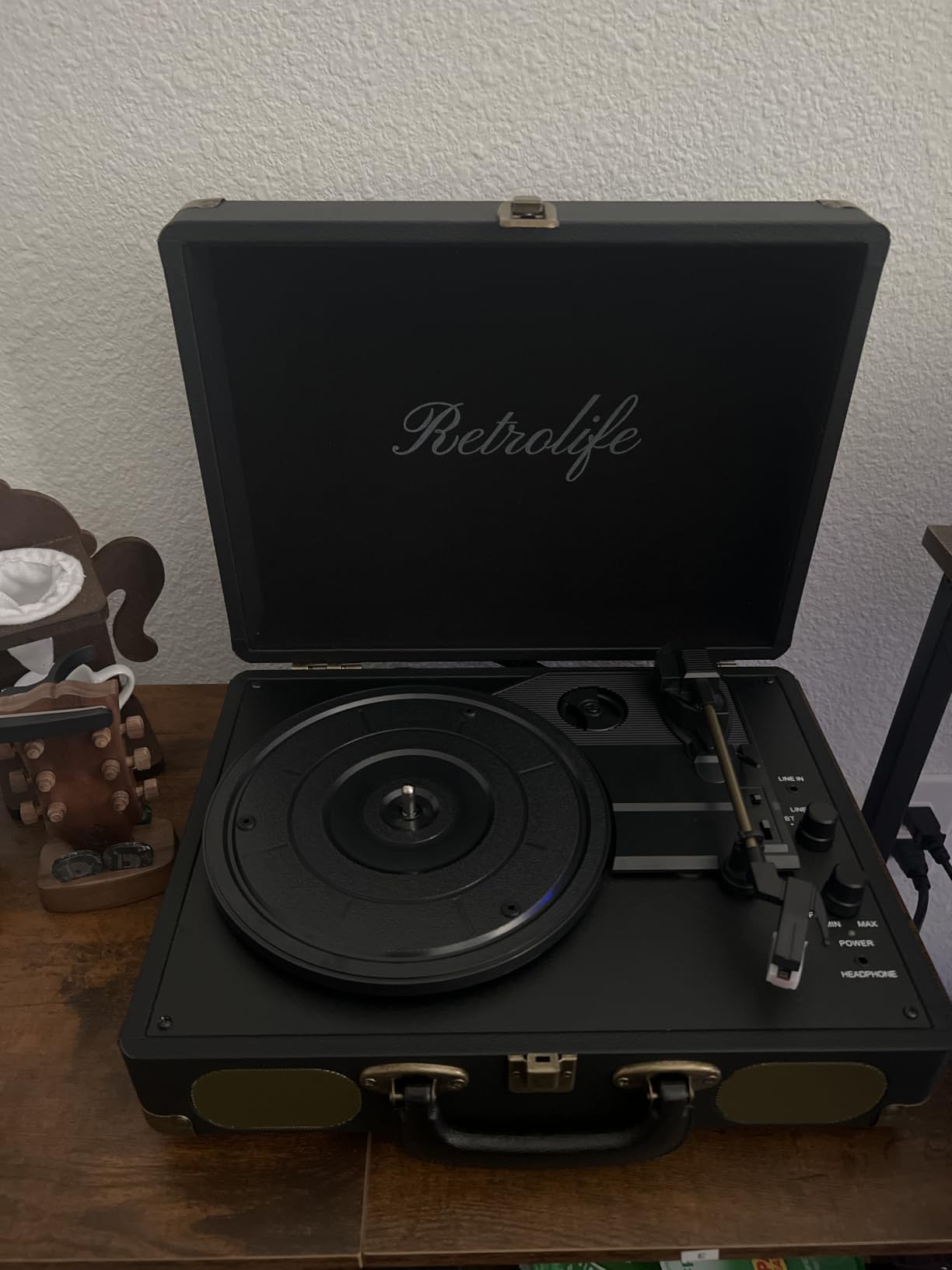 Retrolife Vinyl Record Player with Speakers, Bluetooth Vinyl Player-Black | Portable, 3-Speed BT Turntable, Belt-Driven, RCA Line Out & Headphone Jack, Auto Stop, Plays 7/10/12