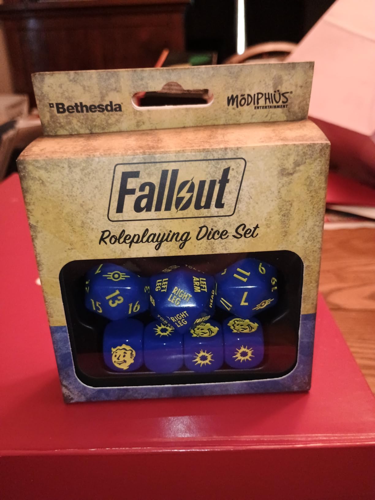Modiphius Fallout: The Roleplaying Game Dice Set - 7 Custom RPG Dice | Official Fallout tabletop gaming accessory featuring 2 d20s, 1 d20 hit location die, and 4 combat dice for mechanics customer photo 1