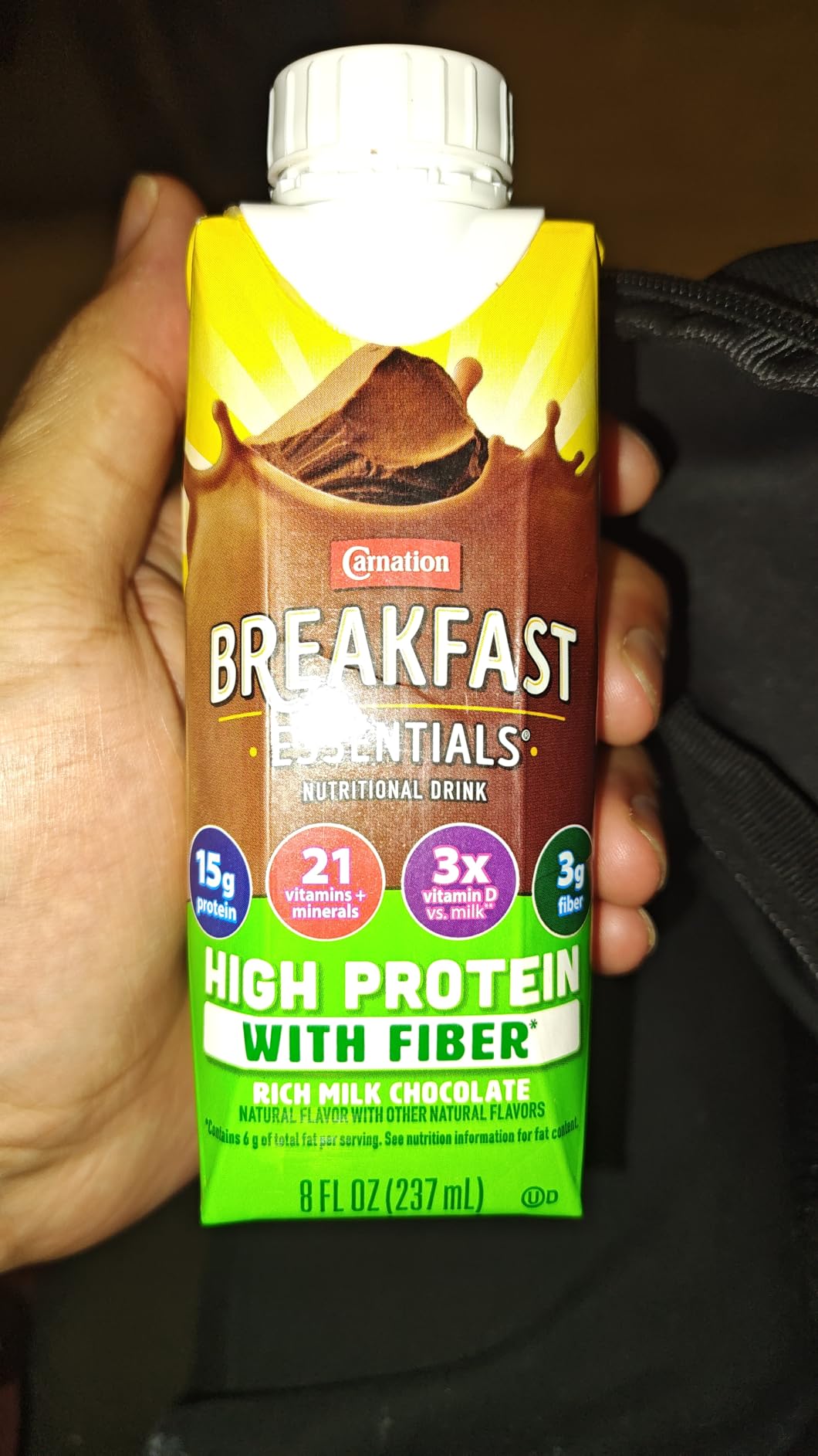 Carnation Breakfast Essentials High Protein Nutritional Drink with Fiber | Rich Milk Chocolate, Ready-to-Drink, 8 FL OZ Carton (Pack of 24) customer photo 1