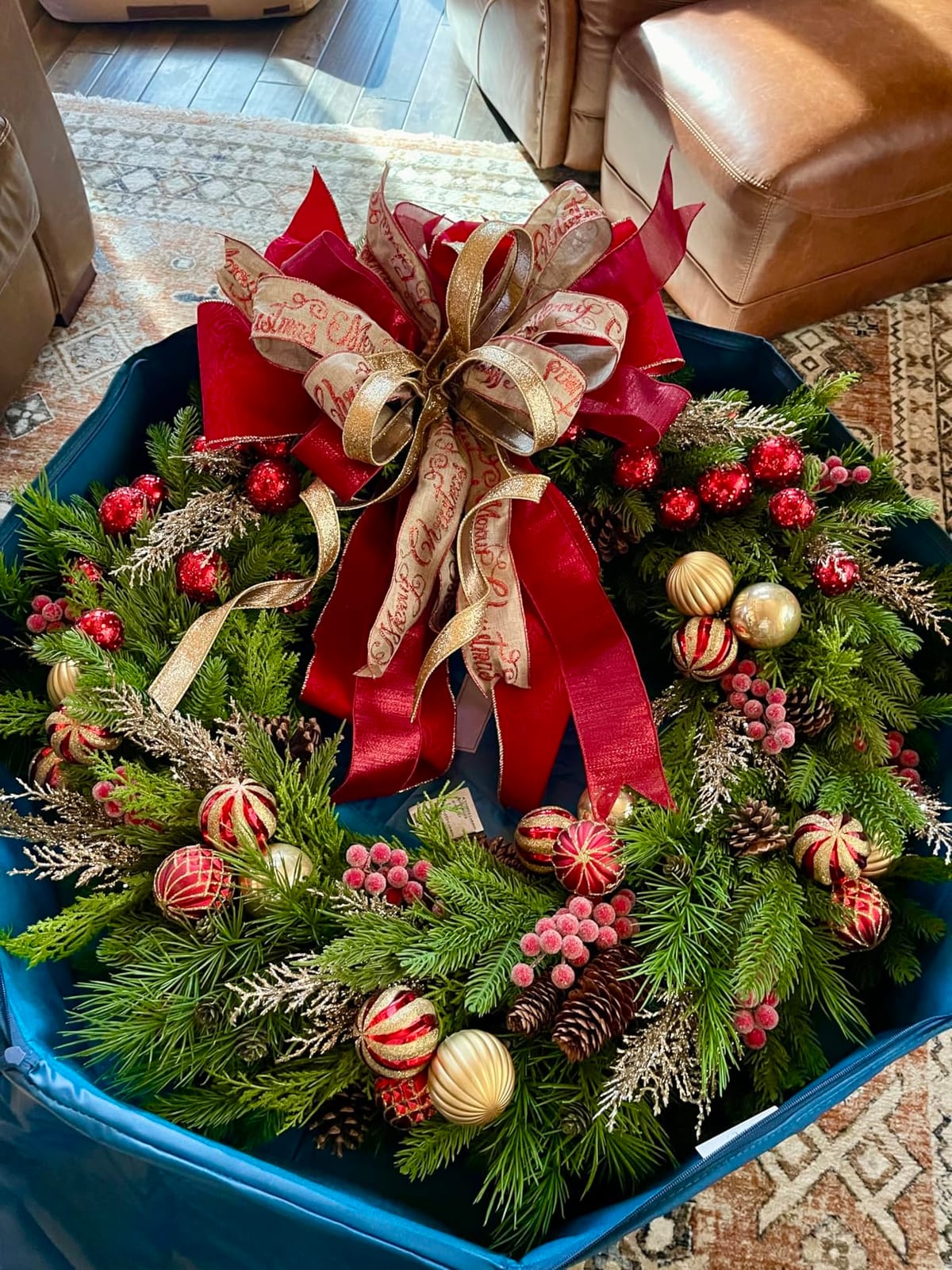 Wreath Storage Container - Hard Shell Christmas Wreath Storage Bag with Interior Pockets, Dual Zipper and Handles - 24