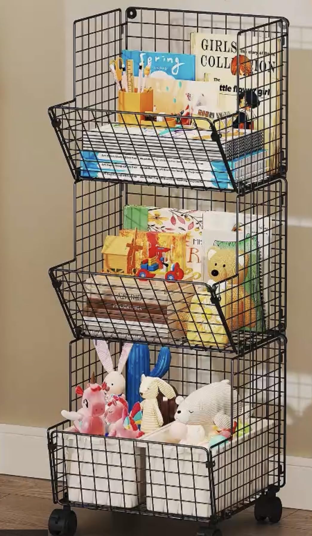 Sonyabecca 3 Tier Rolling Toy Organizer Cart with Wheels for Toy Storage | Outdoor toy storage basket and play kitchen organizer. Multi-purpose cart for snacks, books, pet supplies and home storage customer photo 2