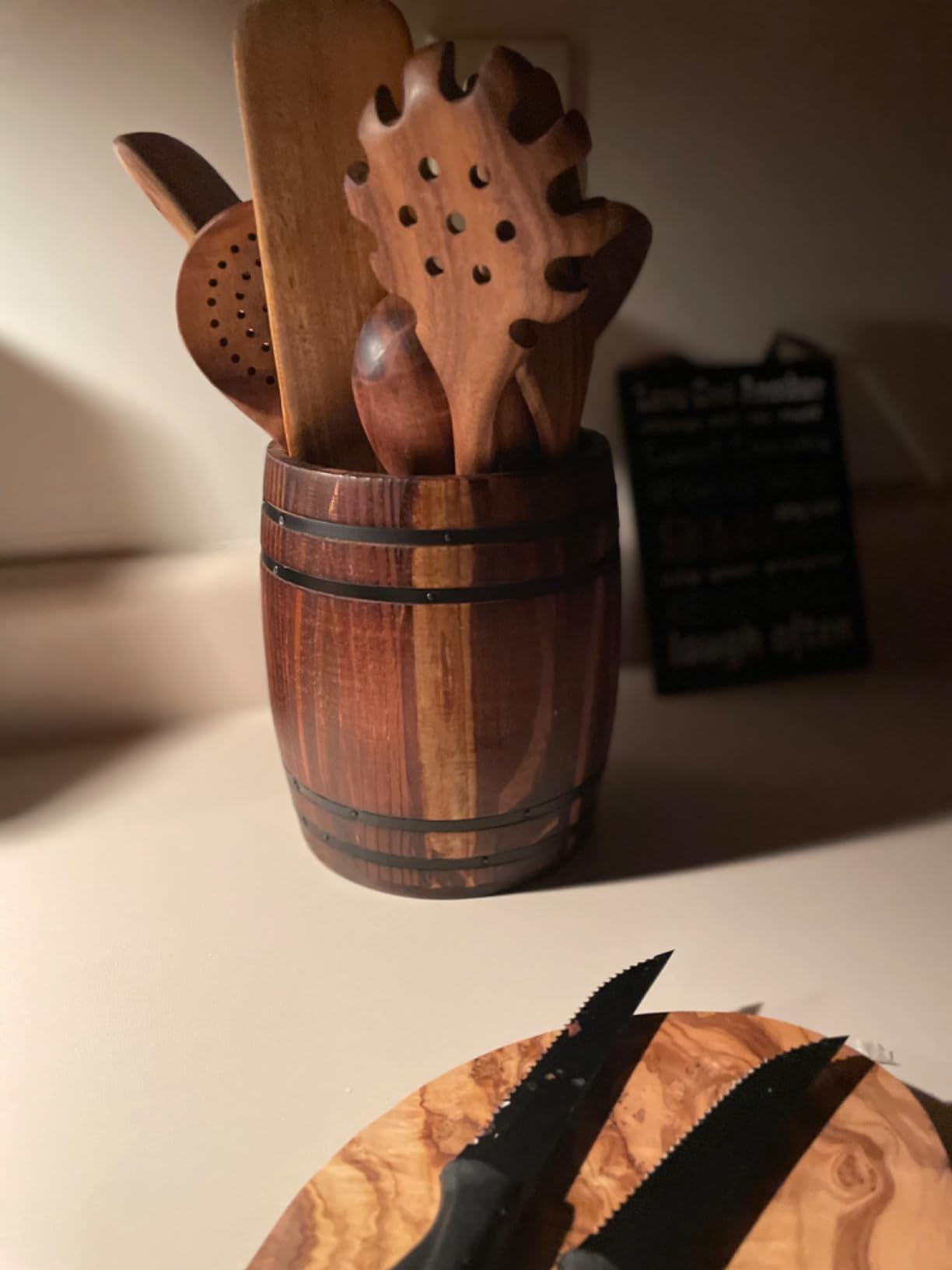 MyGift Wine Barrel Design Kitchen Utensil Crock, Vintage Rustic Burnt Wood Cooking Tool Holder customer photo 1