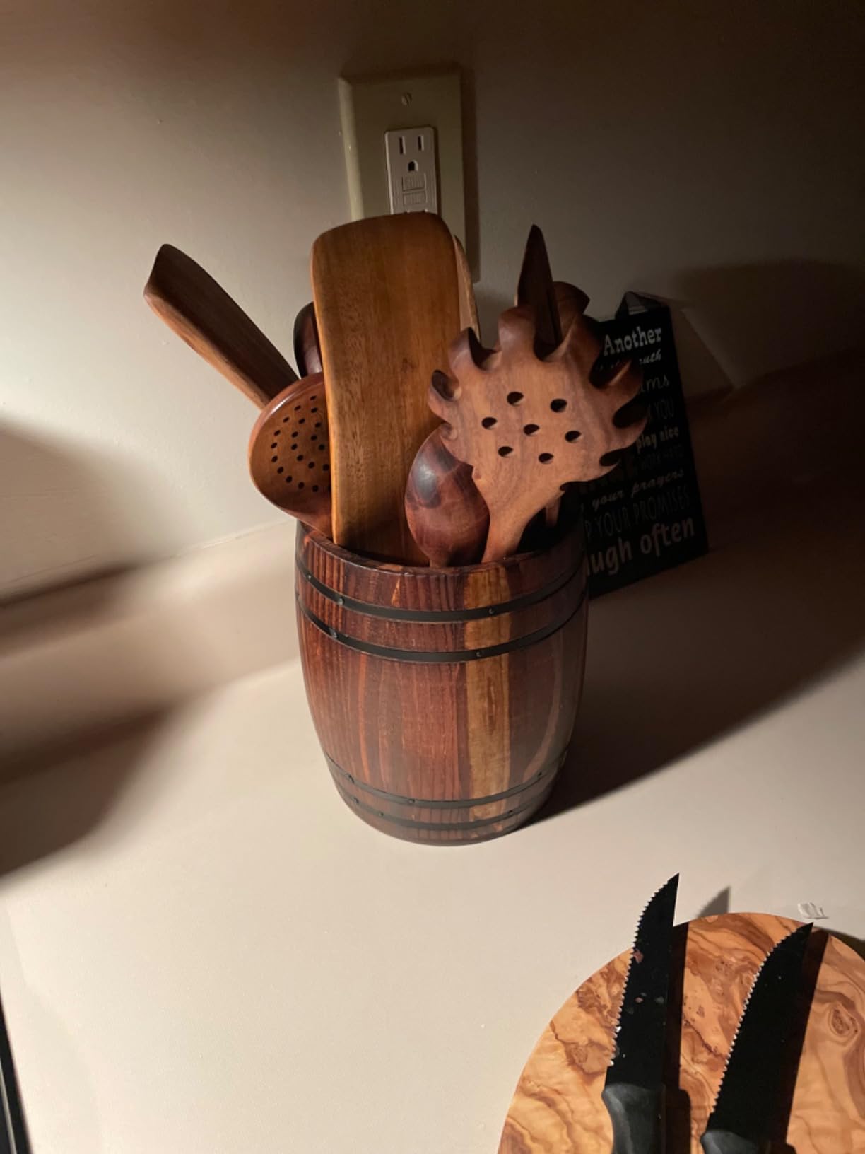 MyGift Wine Barrel Design Kitchen Utensil Crock, Vintage Rustic Burnt Wood Cooking Tool Holder customer photo 2