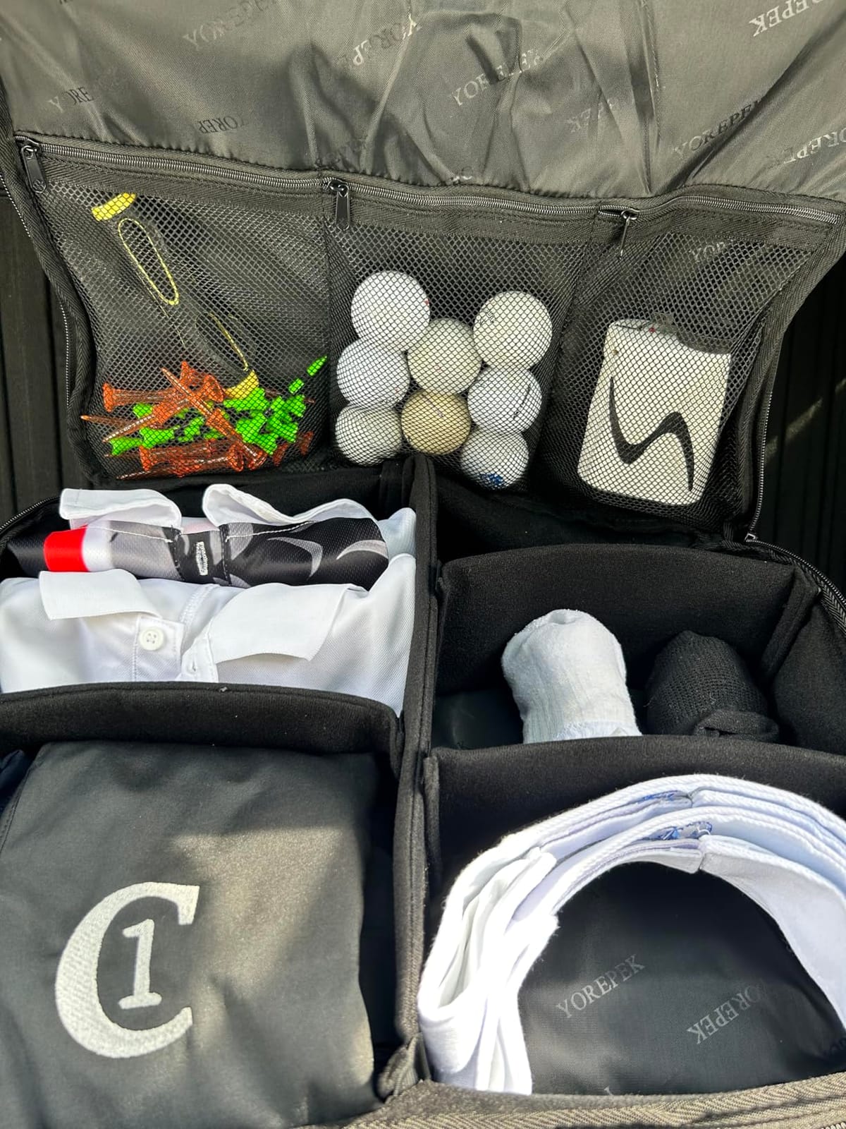 YOREPEK 2 Layer Golf Trunk Organizer, Golf Gifts for Men with Separate Ventilated Compartment for 2 Pair Shoes, Waterproof Car Trunk Locker for Balls, Tees, Clothes, Gloves, Gifts for Golfers customer photo 2