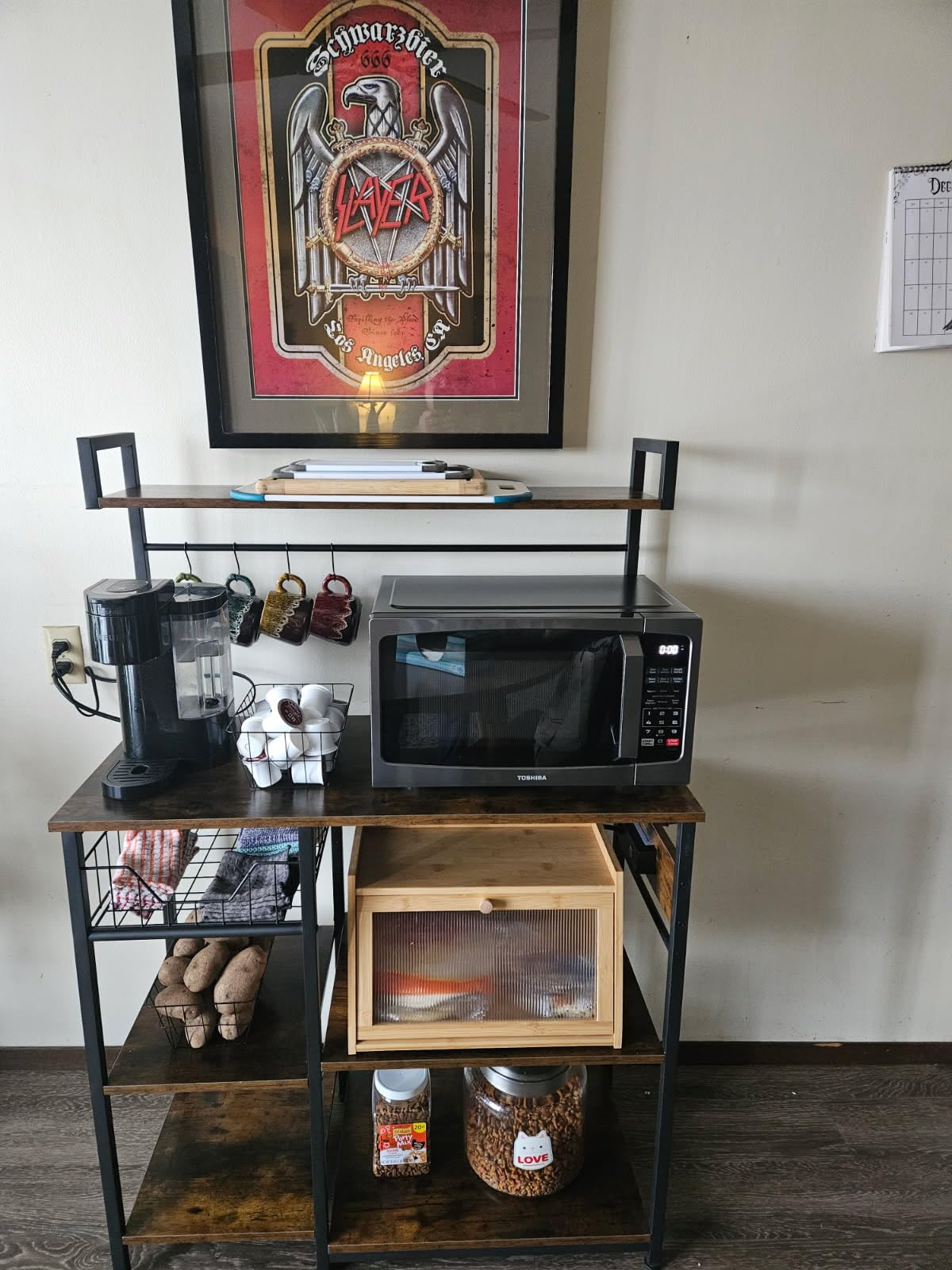 HOOBRO Bakers Rack with Power Outlet, 35.4 Inches Coffee Bar with Mesh Basket, Microwave Stand with 4 S-Shaped Hooks, Kitchen Bakers Rack with Storage, Easy to Assemble, Rustic Brown BF05HB01 customer photo 2