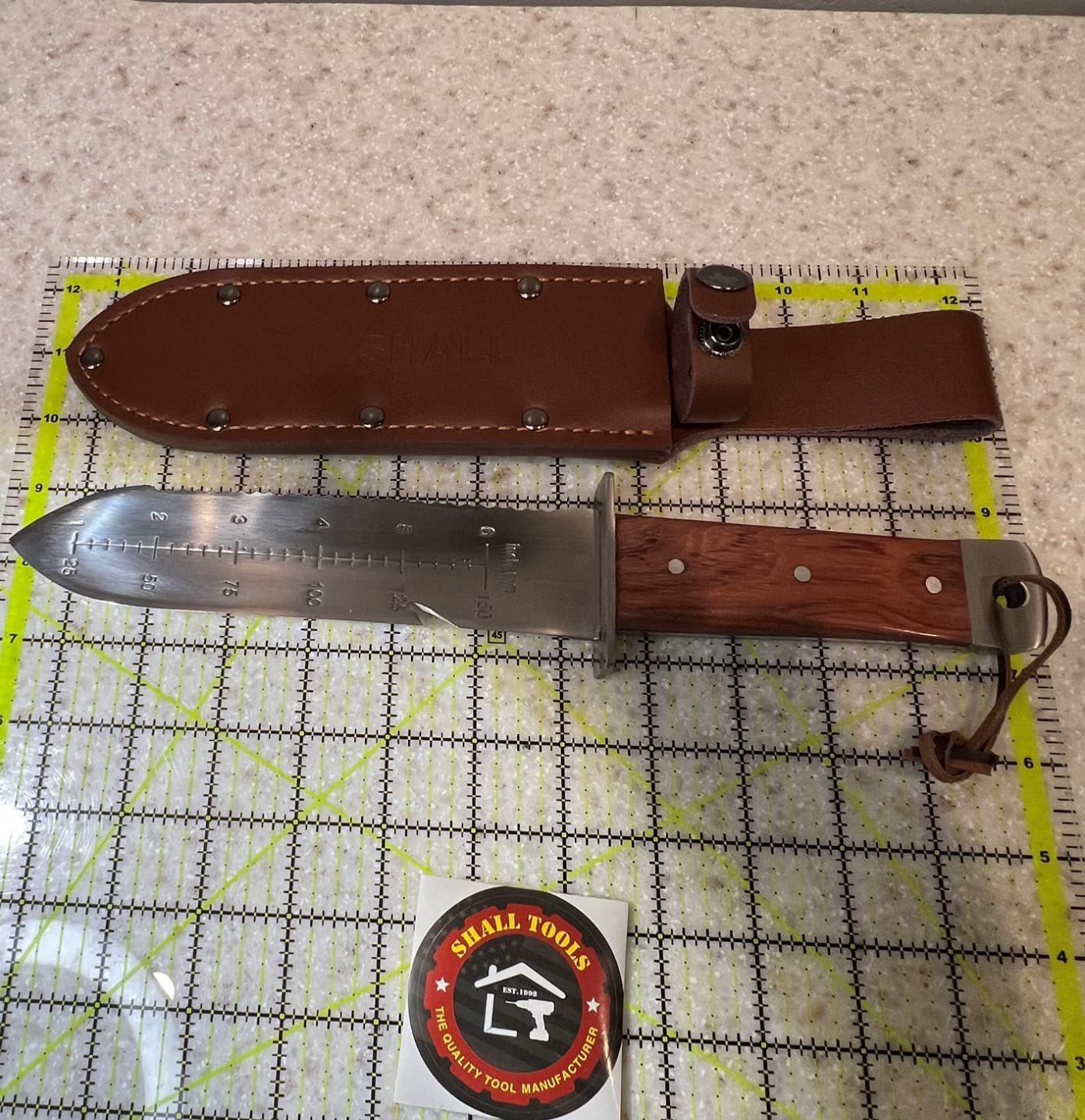 SHALL Hori Hori, Japanese Garden Knife, Soil Knife with Leather Sheath, Rosewood Handle & Hide Rope, 7