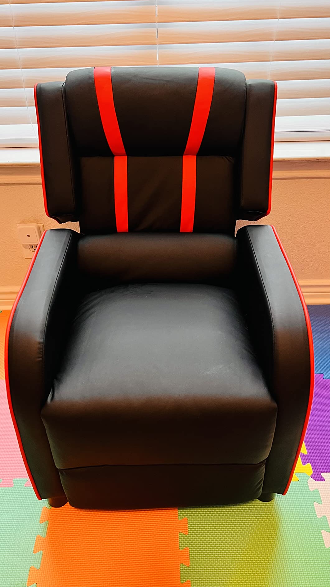 Costzon Kids Recliner, Gaming Recliner Chair w/Side Pockets, Footrest, Headrest & Lumbar Support for Kids Room & Play Room, Adjustable Racing Style Leather Sofa for Children Boys Girls (Red, Black) customer photo 1