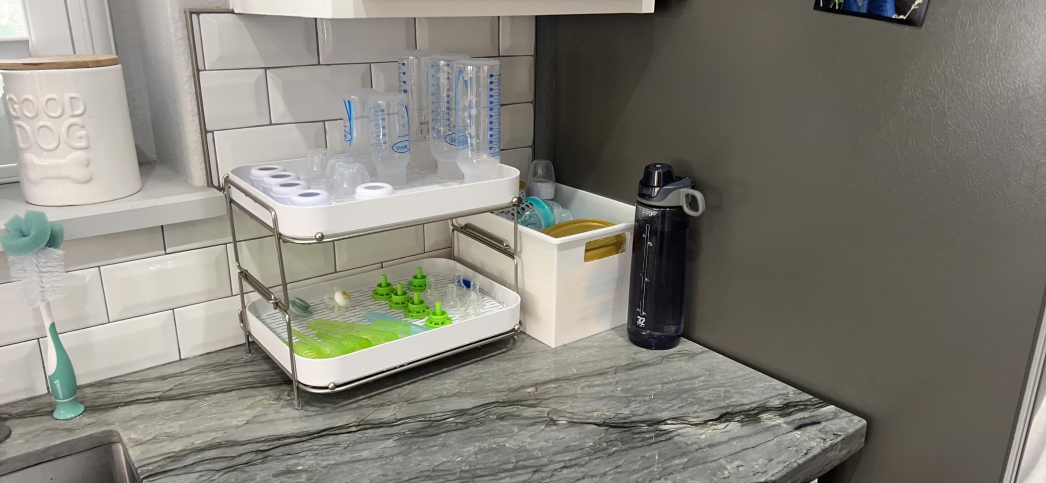 2-Tier Cup Drying Rack with Removable Drainboard, Rust-Proof Iron Mug Organizer, Multi-Purpose Bottle Drying Stand for Baby Bottles, Fruits, Vegetables, Countertop Space Saver, White customer photo 1