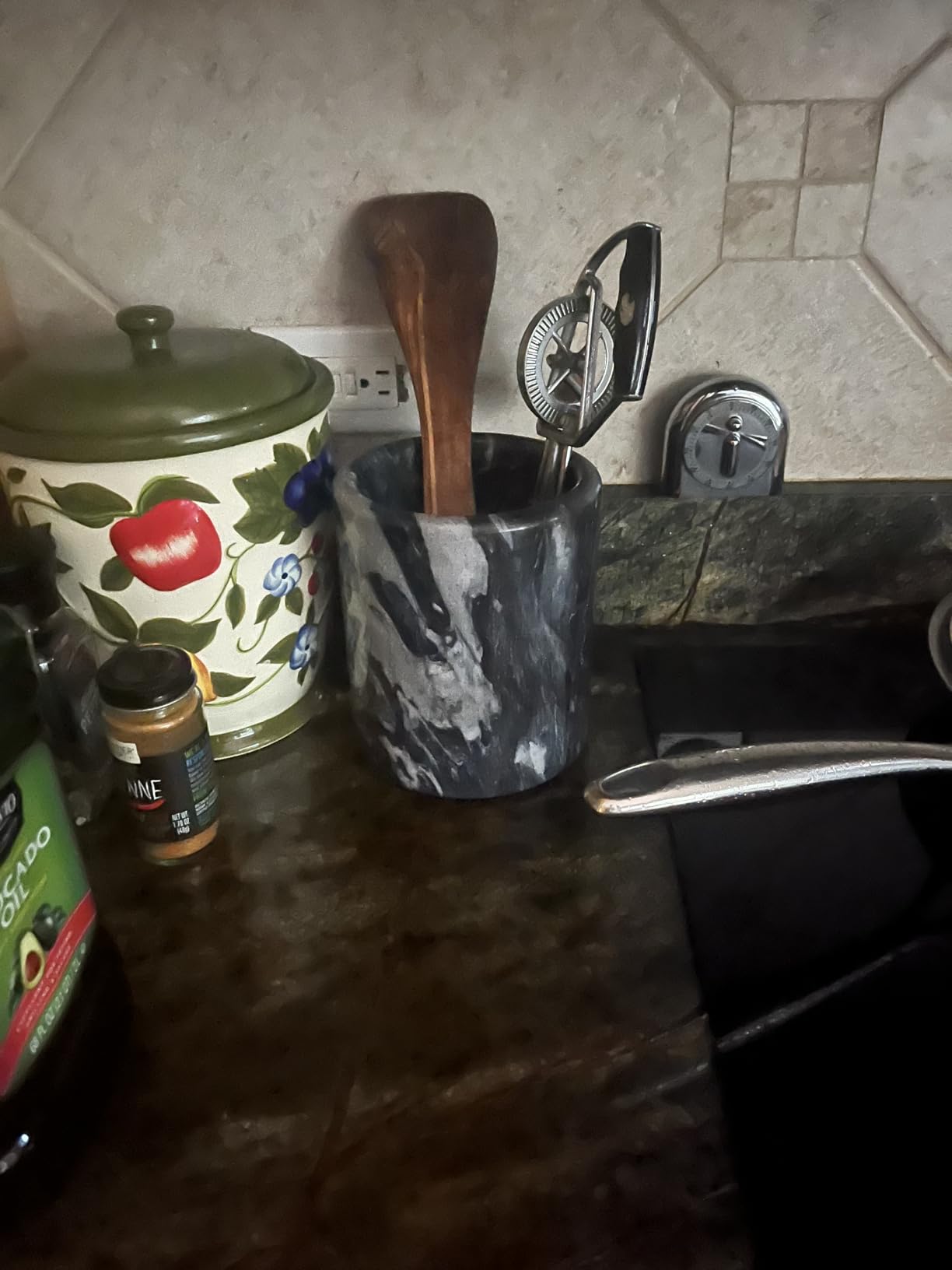 HillSpring Large Marble Kitchen Utensil Holder for Countertop, Tool Organizer with Protective Padded Base, Farmhouse Decor Gift, Wine Chiller Bucket, 6.4