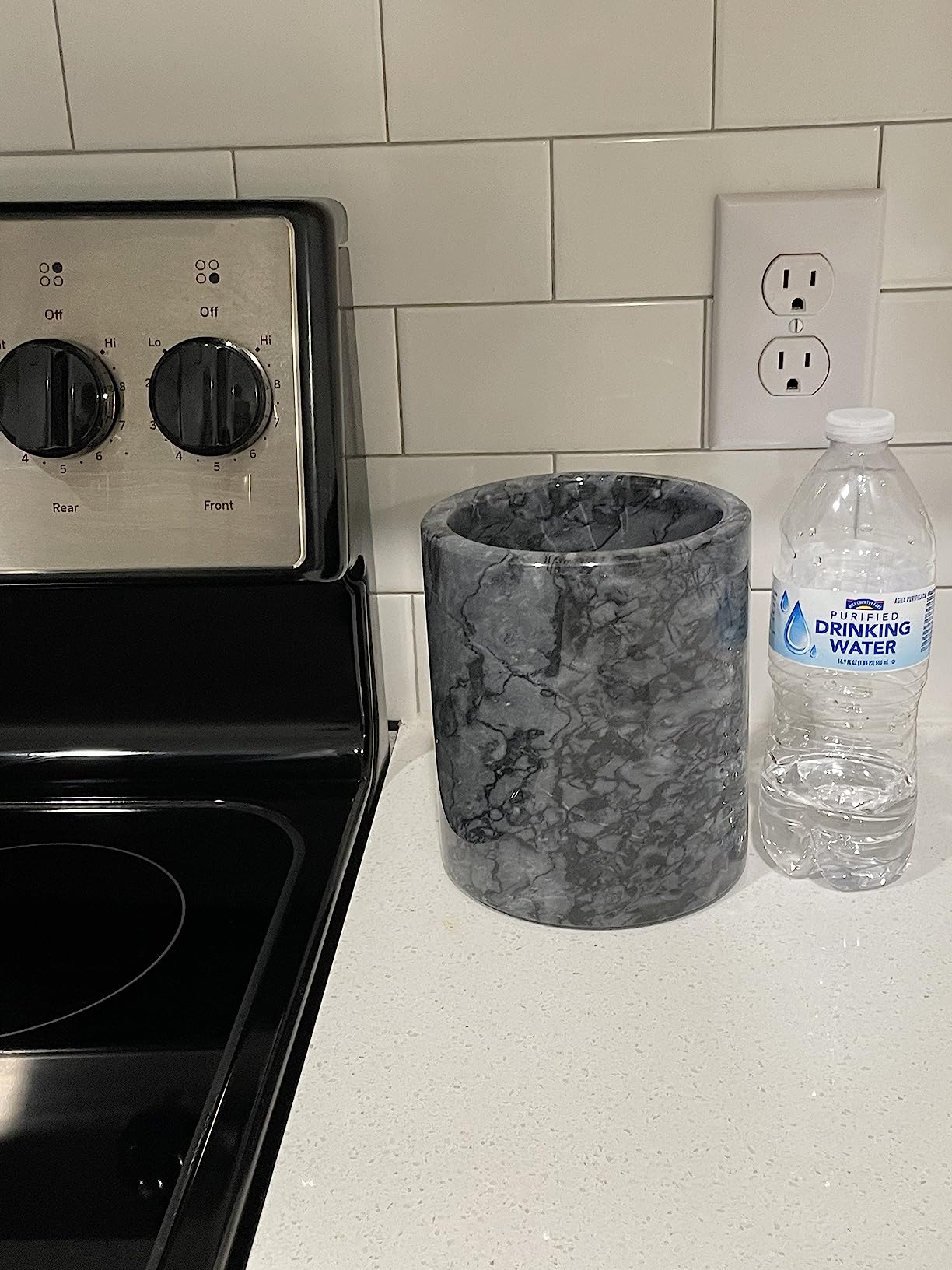HillSpring Large Marble Kitchen Utensil Holder for Countertop, Tool Organizer with Protective Padded Base, Farmhouse Decor Gift, Wine Chiller Bucket, 6.4