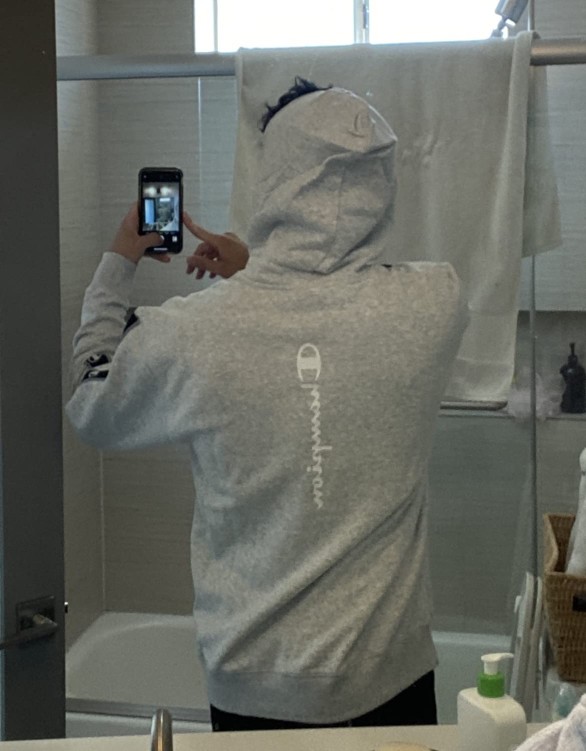Champion Men's Widweight Hoodie With Taping, Midweight Fleece Hoodie for Men, Box & Vertical Script customer photo 1