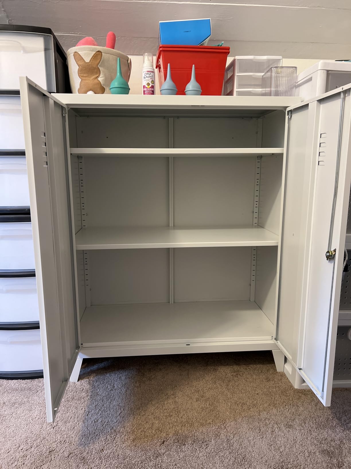 Metal Storage Cabinet Locked Steel Cabinet with 2 Adjustable Shelves, Office Cabinet Locking Tool Cabinets, Kitchen Storage Cabinets Metal Locker Small Counter Height Storage Cupboard 36