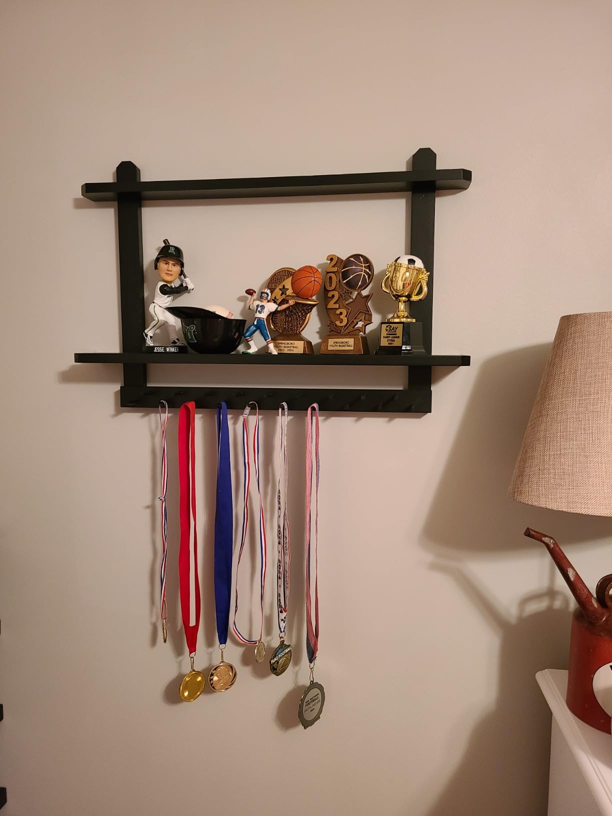 LAVIEVERT Wooden Medal Hanger & Trophy Shelf, Wall-Mounted Race Display with 2 Tier Storage Shelf and 19 Hanging Bars customer photo 2