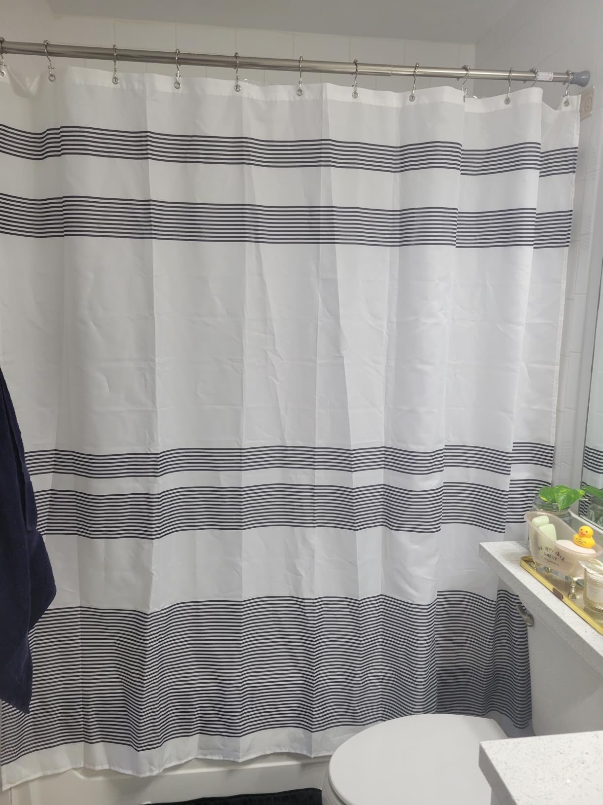 AmazerBath Shower Curtain, Washable Cloth Black Shower Curtain Sets with 12 Shower Curtain Hooks, Fabric Rustic Black and White Striped Curtain, Farmhouse Bathroom Curtains, 72x72 Inches customer photo 2