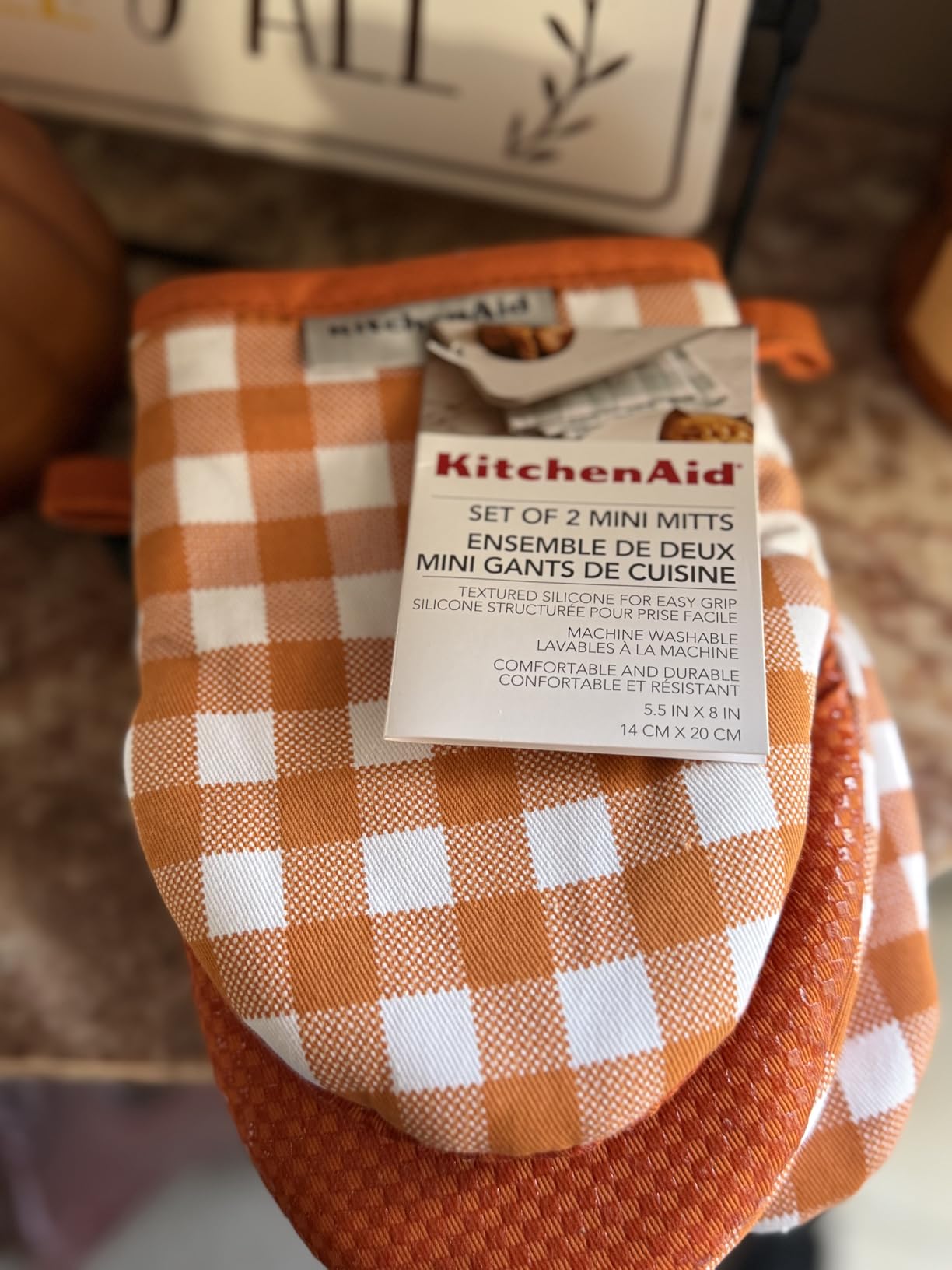 KitchenAid Gingham Mini Oven Mitt 2-Pack Set, Dried Rose, 5.5
