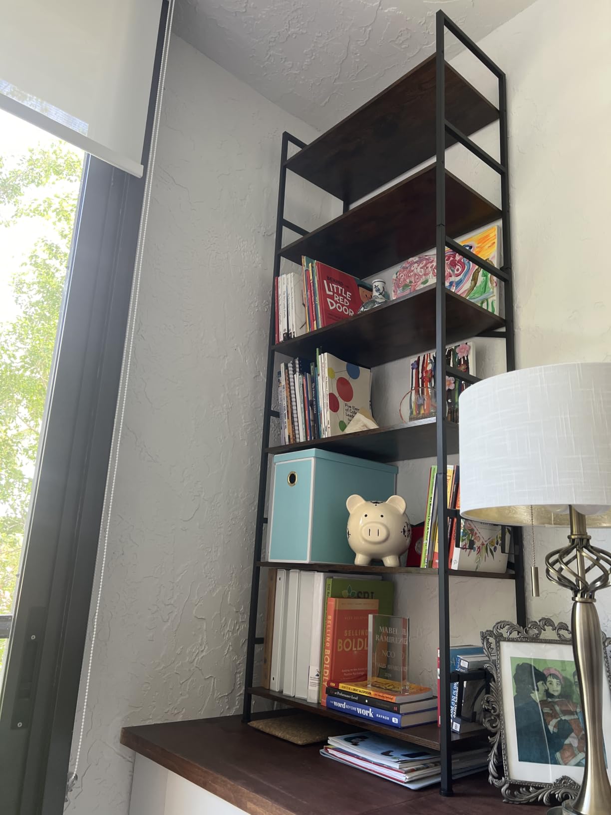 Homeiju Bookshelf, Dorm Desk Hutch, Desk Shelf Organizer, 4 Tier Stackable Bookcase, Adjustable Industrial Book Shelf Storage Organizer for Desktop, Living Room, Bedroom, Office, Rustic Black and Brown customer photo 2