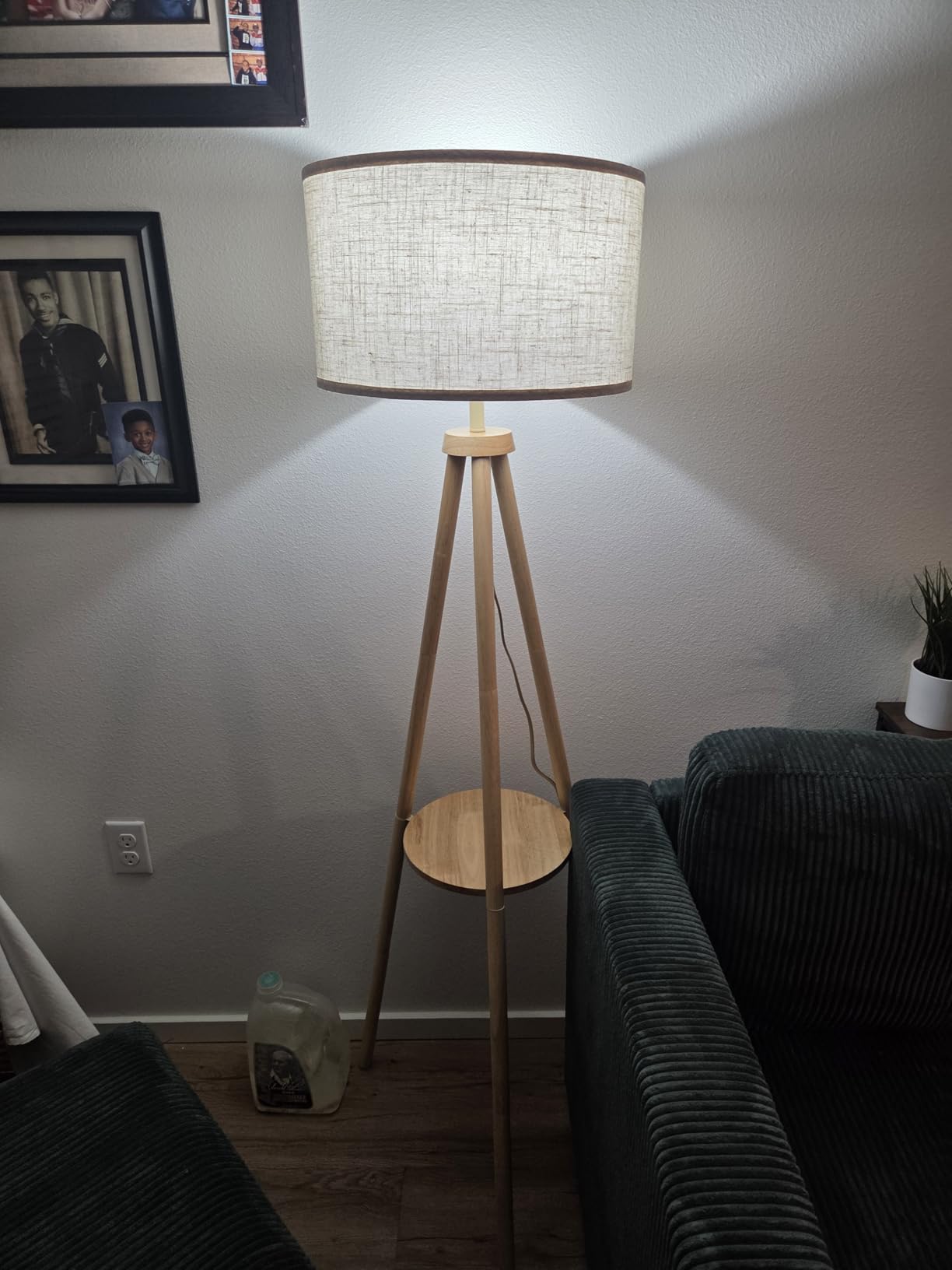 OUTON Wood Tripod Floor Lamp with Shelves, Mid Century Floor Lamp with Remote Control,4 Color Temperature, LED Modern Dimmable Standing Lamp with Beige Linen Shade for Living Room, Bedroom, Office customer photo 1