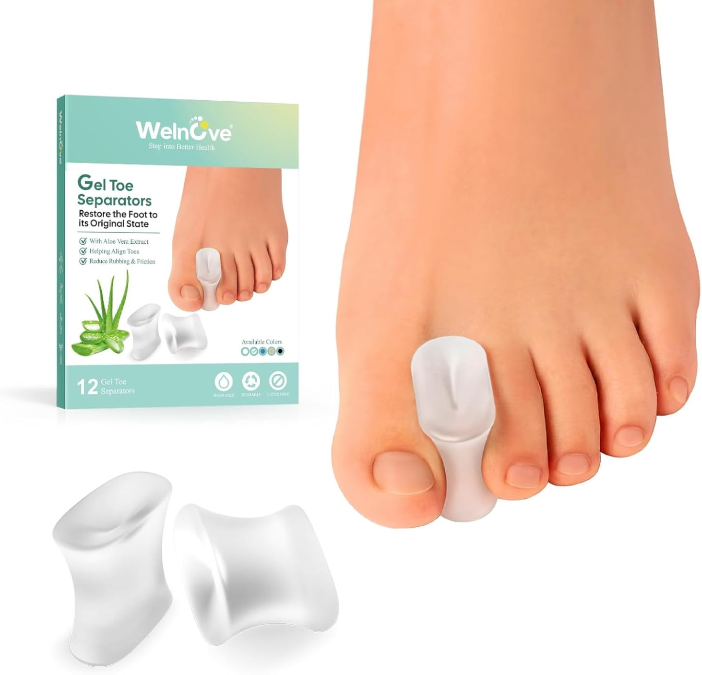 Welnove 12-Pack Gel Toe Separators - Bunion Pads - Toe Spacers for Straightening Overlapping Toes for Men and Women - Transparent customer photo 2