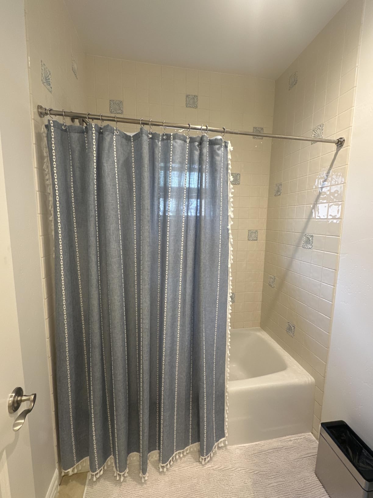 BTTN Cream Boho Farmhouse Linen Heavy Duty Shower Curtain Set, 72x72, Beige | 330GSM Linen Blend, Water Repellent, Vintage Striped Fabric, 12 Plastic Hooks, Rustic Country, Machine Washable, for Bathroom customer photo 2
