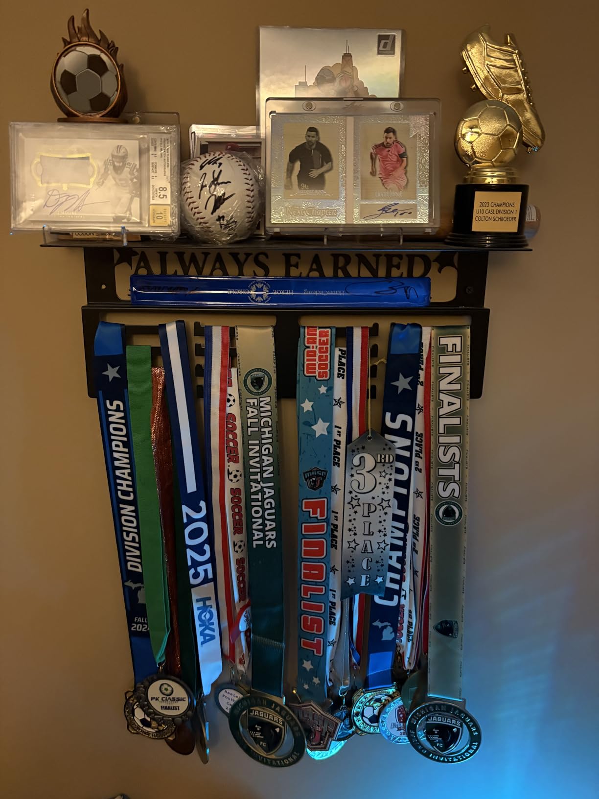 iBobbish Metal Medal Hanger Display, Non-Slip Trophy Shelf with 20 Hooks, Wall Mount, Heavy Duty, Non-Bent, Holds 22-33lbs, for Gymnastics, Race, Soccer, Swim customer photo 1