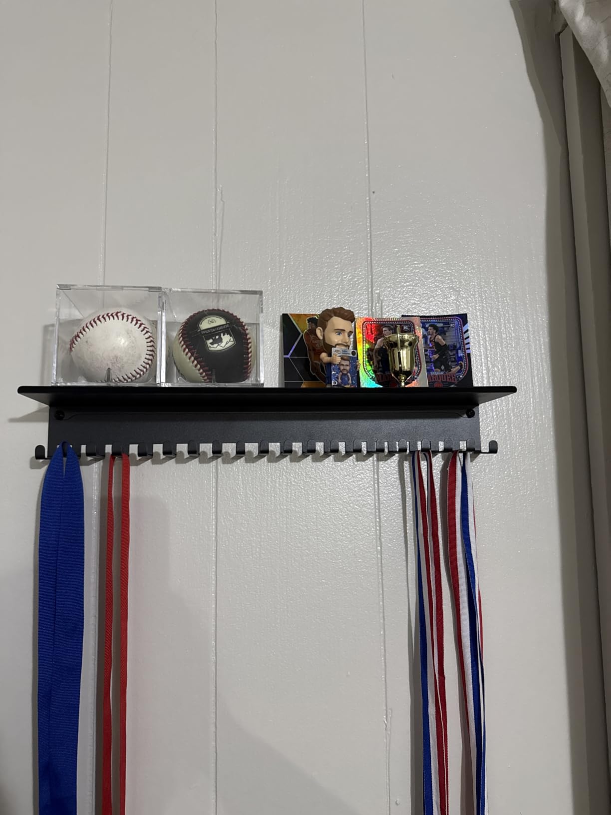 iBobbish Metal Medal Hanger Display, Non-Slip Trophy Shelf with 20 Hooks, Wall Mount, Heavy Duty, Non-Bent, Holds 22-33lbs, for Gymnastics, Race, Soccer, Swim customer photo 2