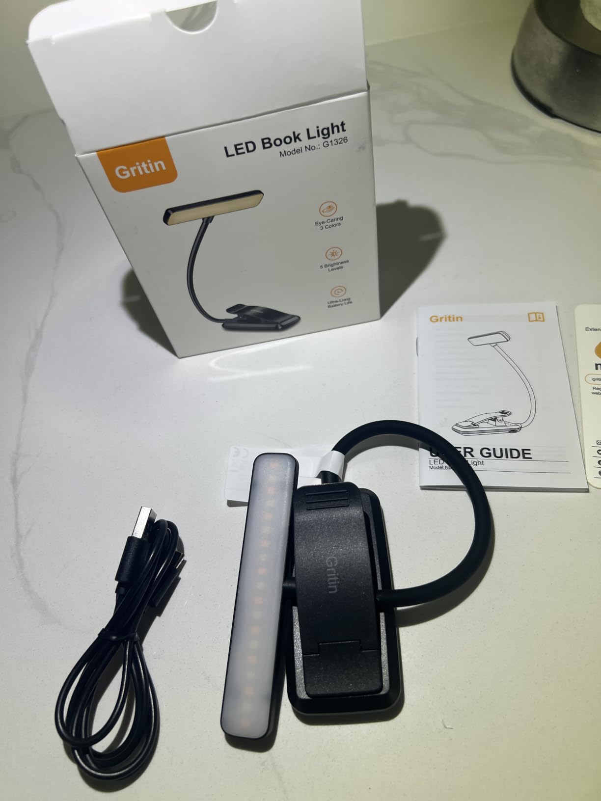 Gritin 19 LED Rechargeable Book Light for Reading in Bed | Eye Caring 3 Color Temps,Stepless Dimming Brightness,Memory Function,90 Hrs Runtime Lightweight Clip on Light for Book Lovers customer photo 1