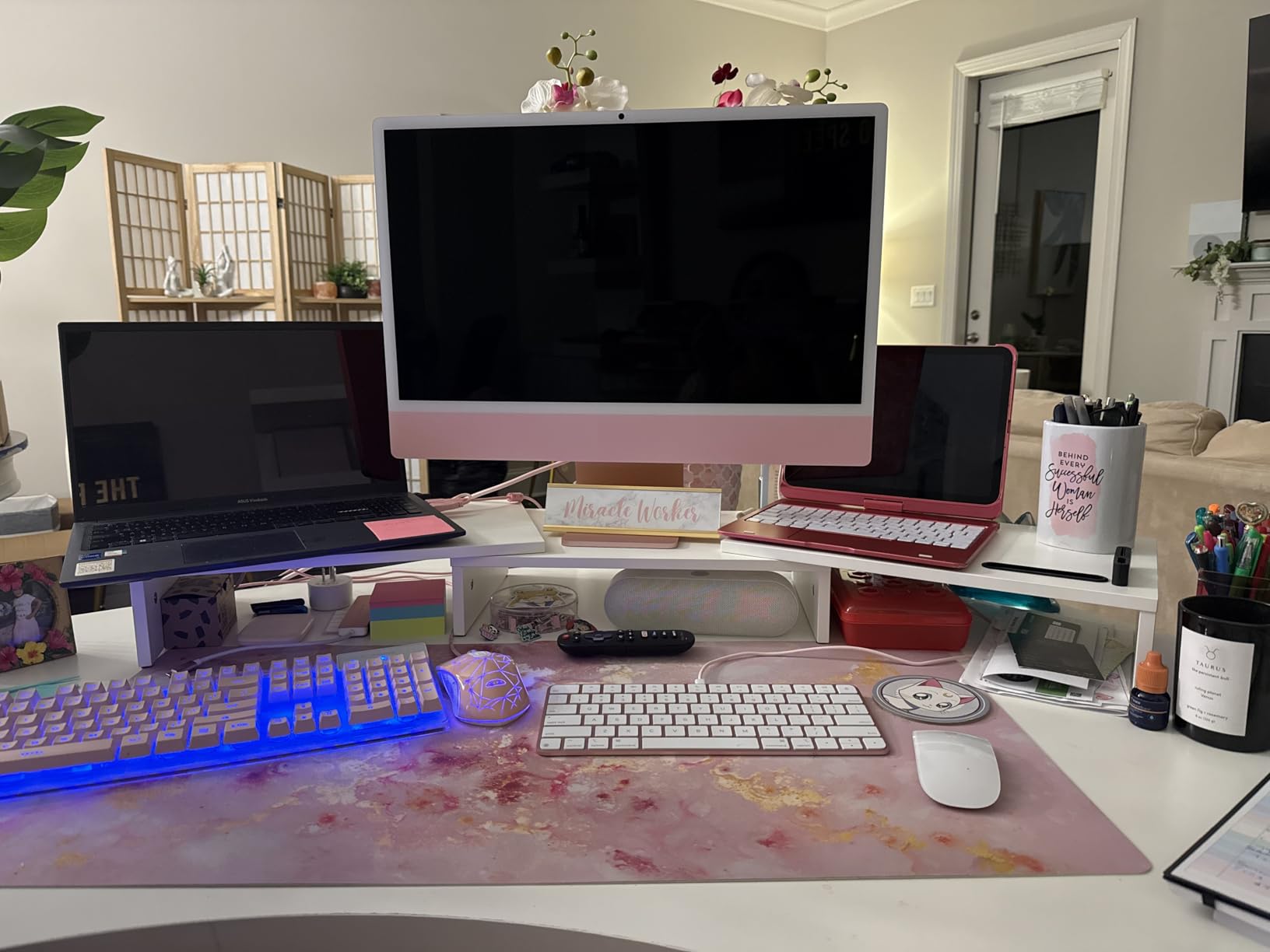 BONTEC Dual Monitor Stand Riser, Adjustable Length & Swivel Angle, White customer photo 2